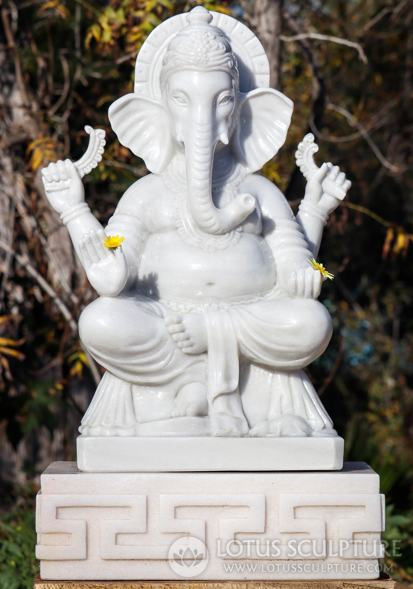 White Marble Ganesh Statue with 4 Arms Seated with Rat Mooshika on Asian Style Base 36"