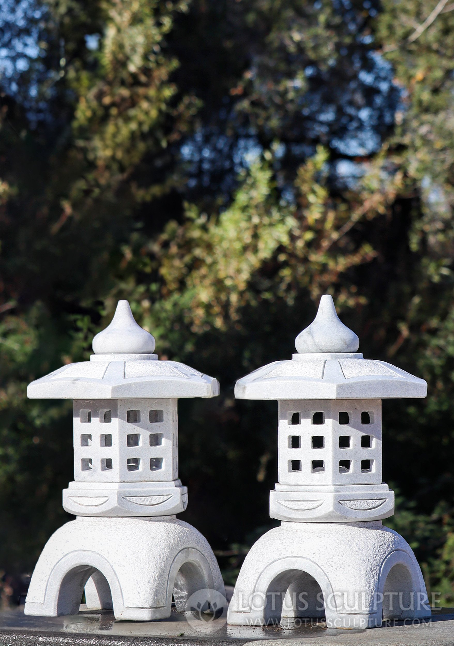 Pagoda Garden Sculptures - White Marble Traditional Asian Artistry Illuminable Pair 19"