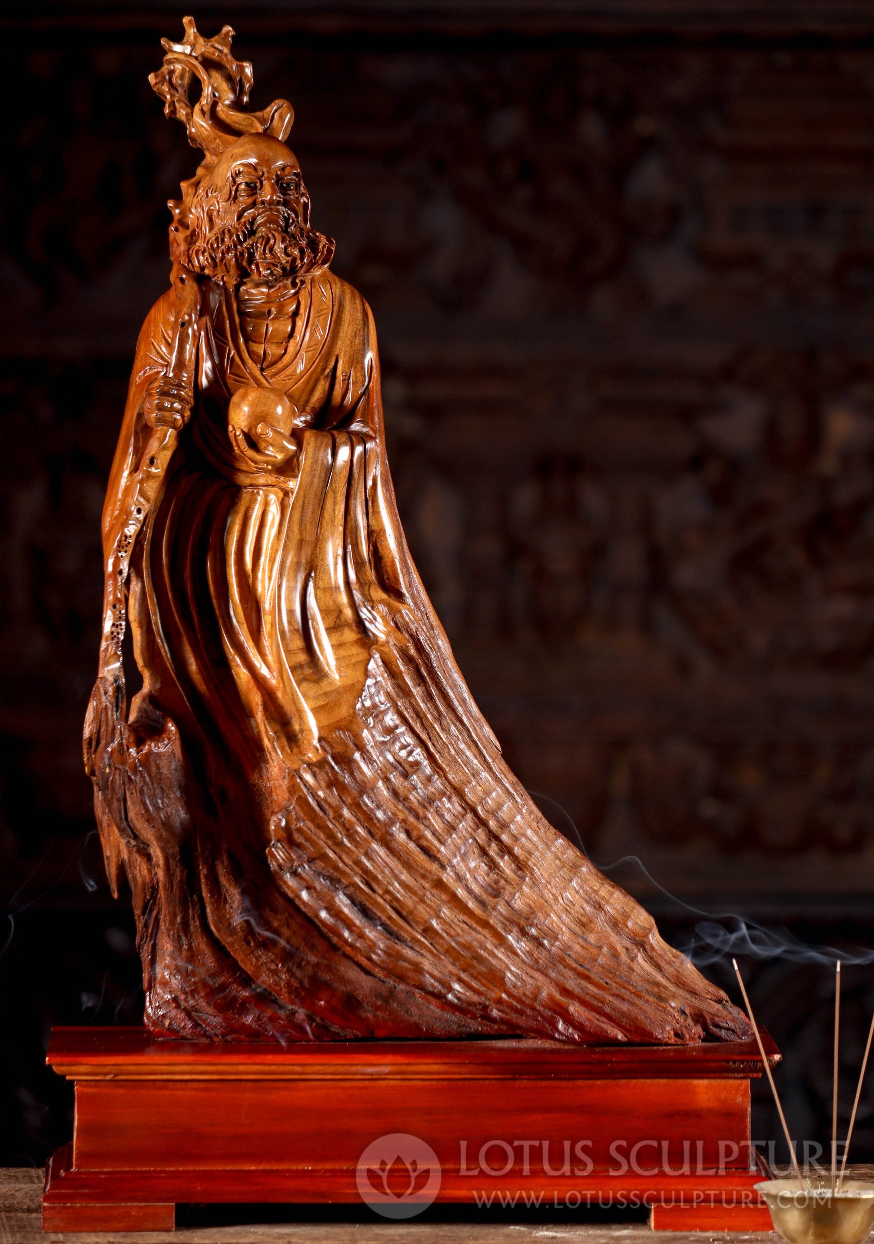 Bodhidharma Wood Sculpture Holding Bowl and Staff - Live Edge on Modern Base 28"