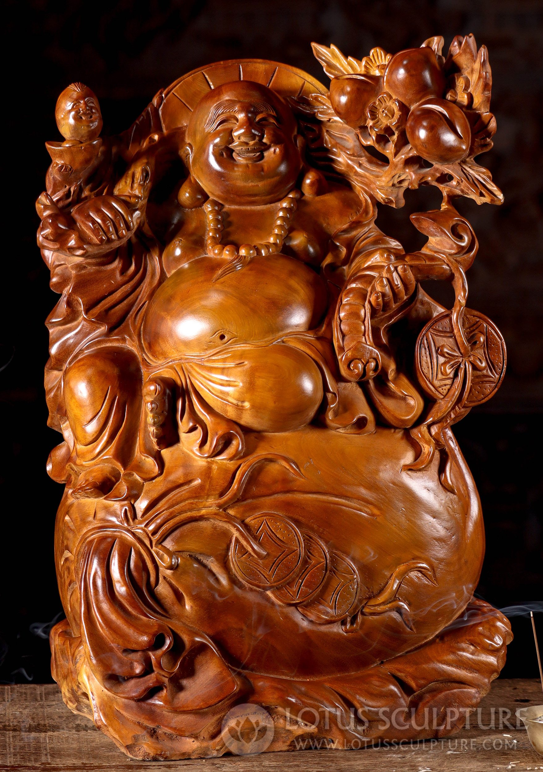 Buddha of Wealth Wood Sculpture With Sack of Coins, Wish Stick, & Pearls of Wisdom 21"