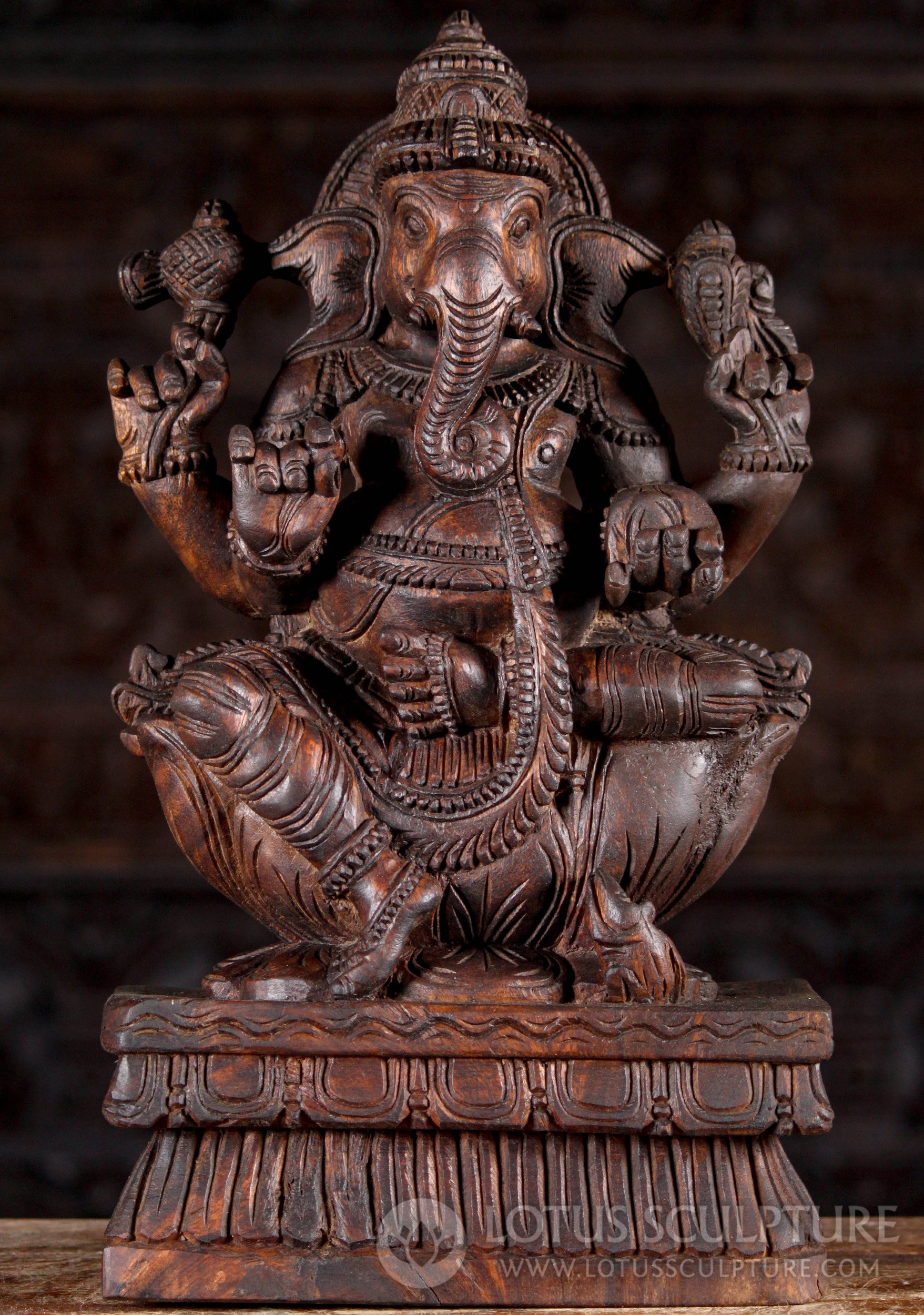 Ganesha Seated on Lotus Flower with Goad & Noose Hand Carved Wood Statue 18"