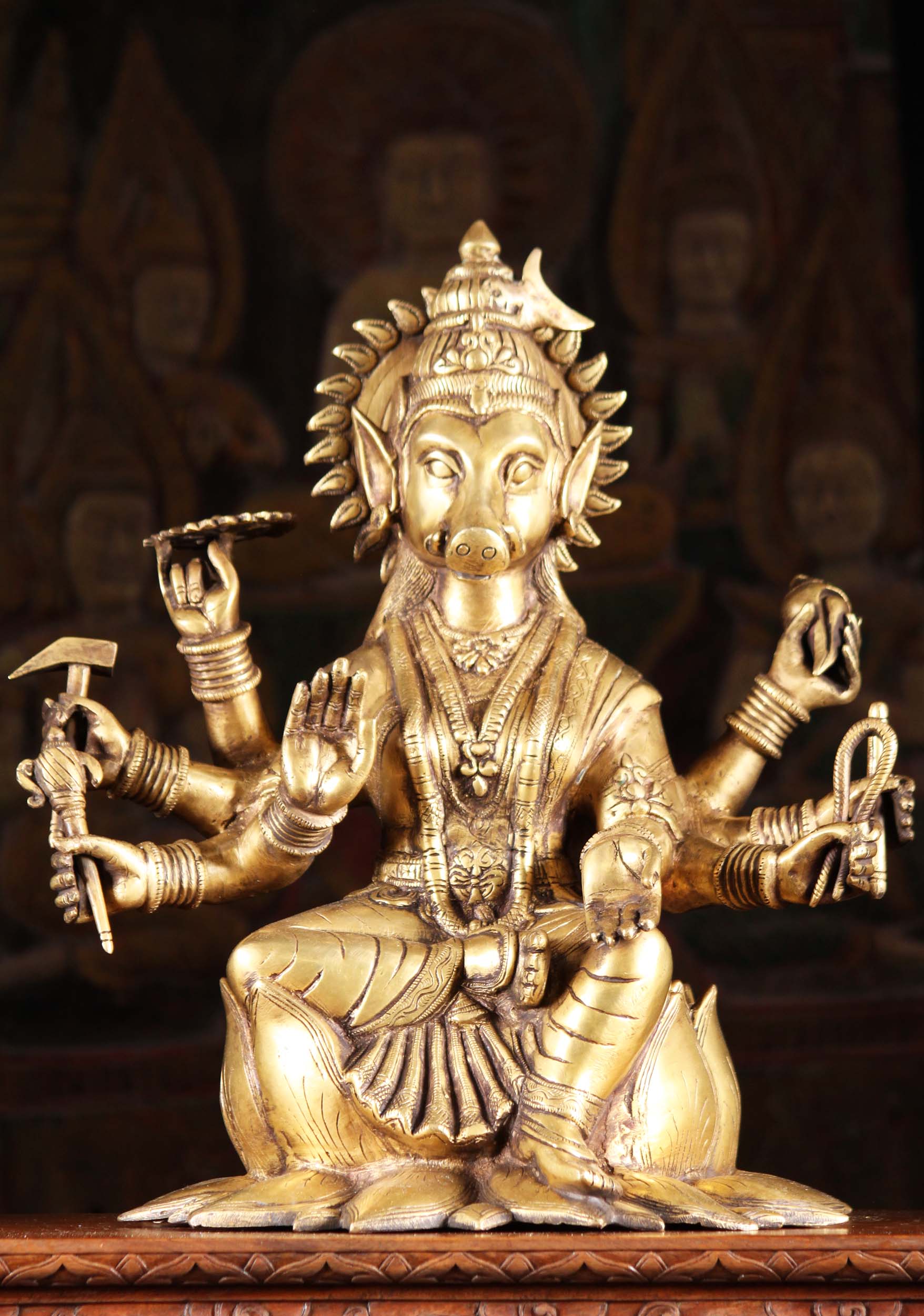 Brass Large Seated Varahi Statue with 8 Arms on Lotus Base Abhaya Mudra 16"