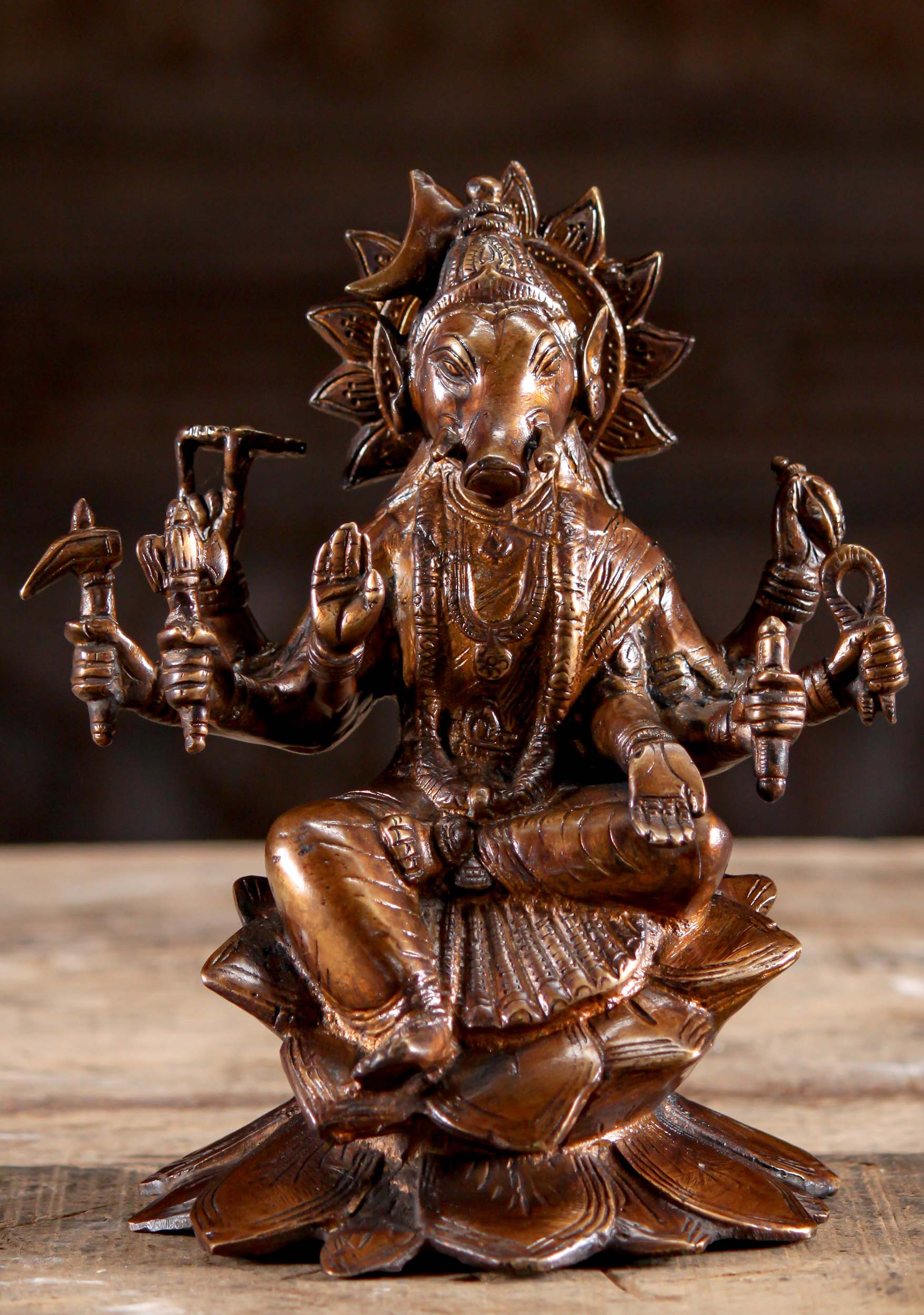 Varahi Statue Seated in Lalitasana on Lotus with 8 Arms in Abhaya & Varada Mudras 9"