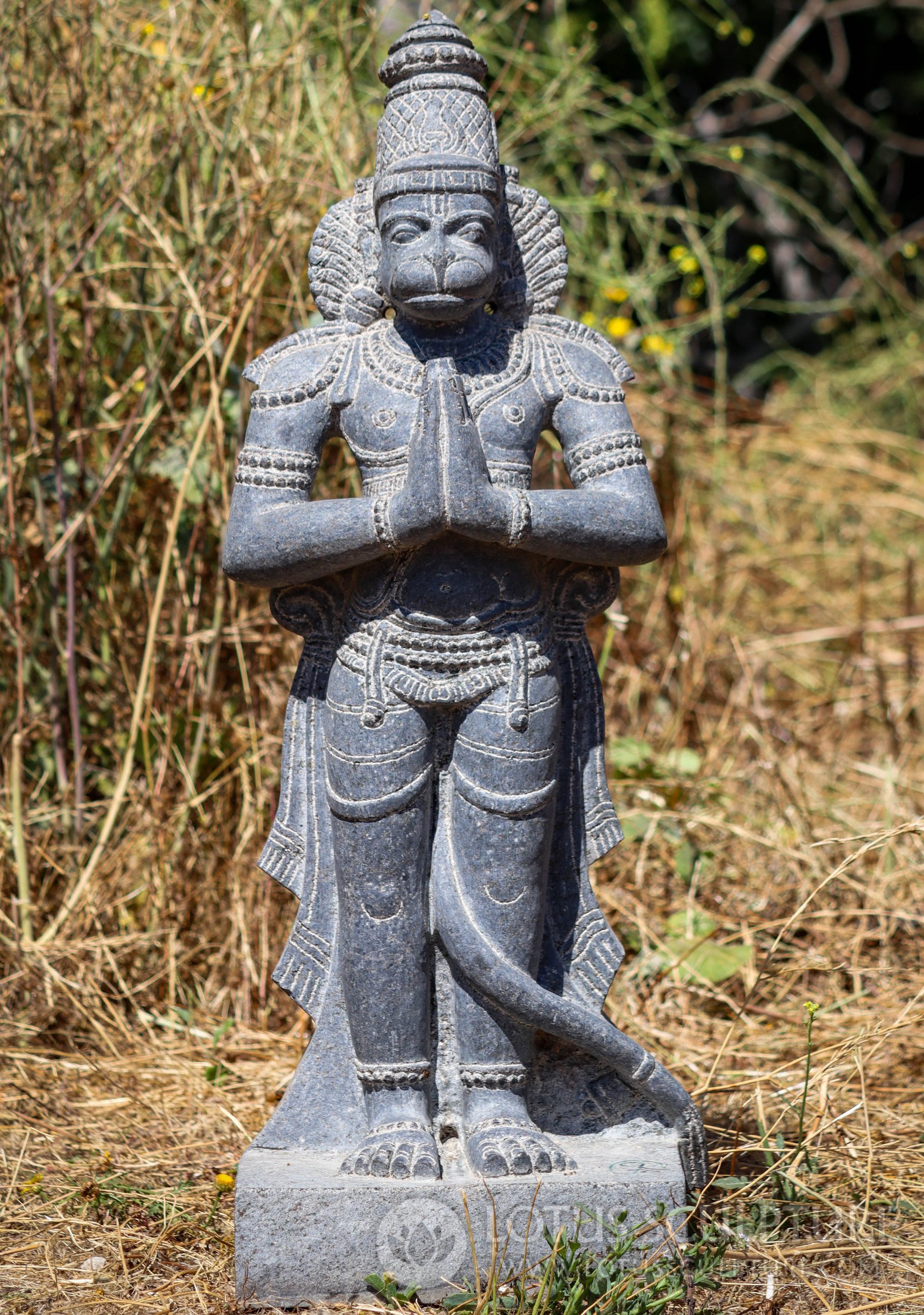 Hanuman Garden Sculpture in Namaste Mudra with Long Tail Hand Carved Black Granite 33.5"