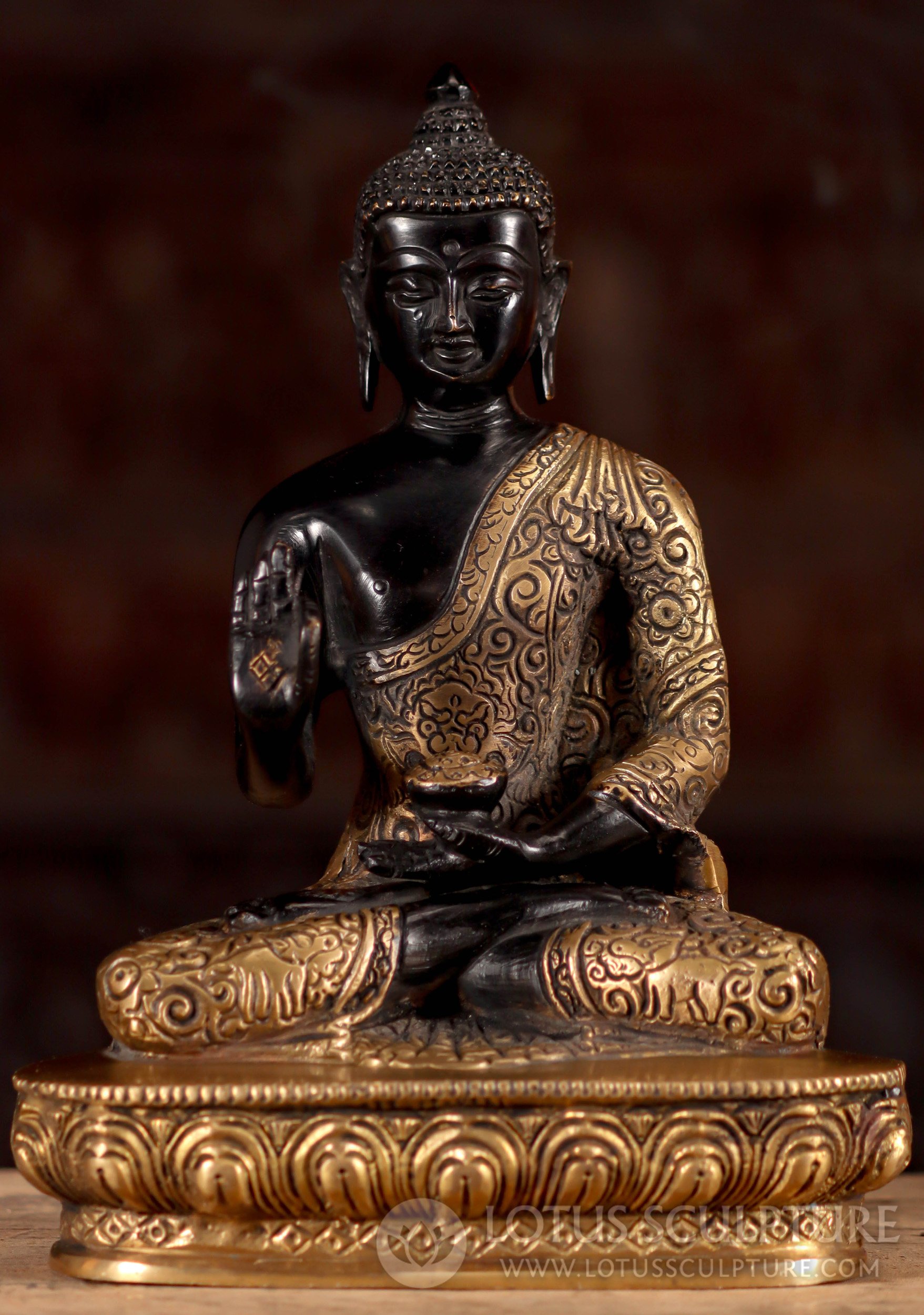 Detailed Indian Brass Buddha Statue Seated with Ornate Motifs on Lotus Base 9.5"