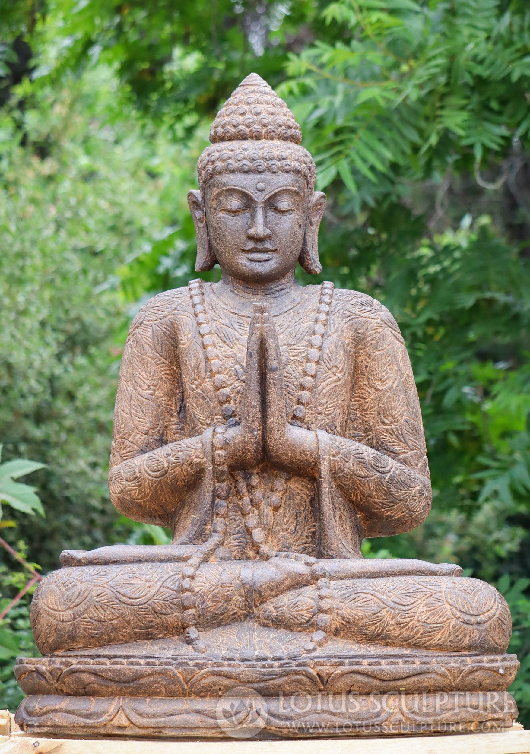 Buddha Garden Statue - Hand-Carved with Floral Robes, Mala Necklace, and Anjali Mudra 43"