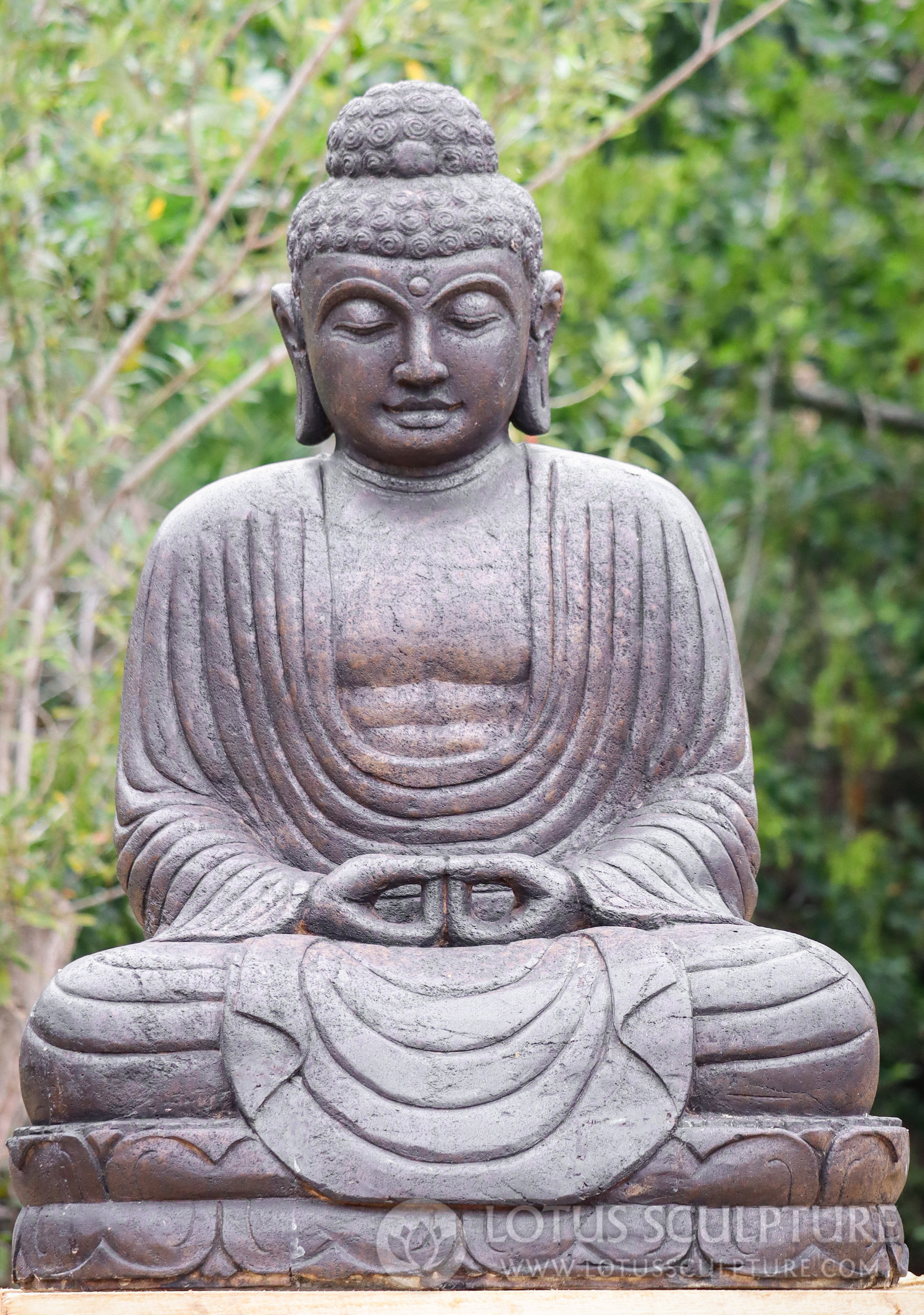 SOLD Buddha Garden Statue - Hand-Carved Lava Stone with Full Robes ...