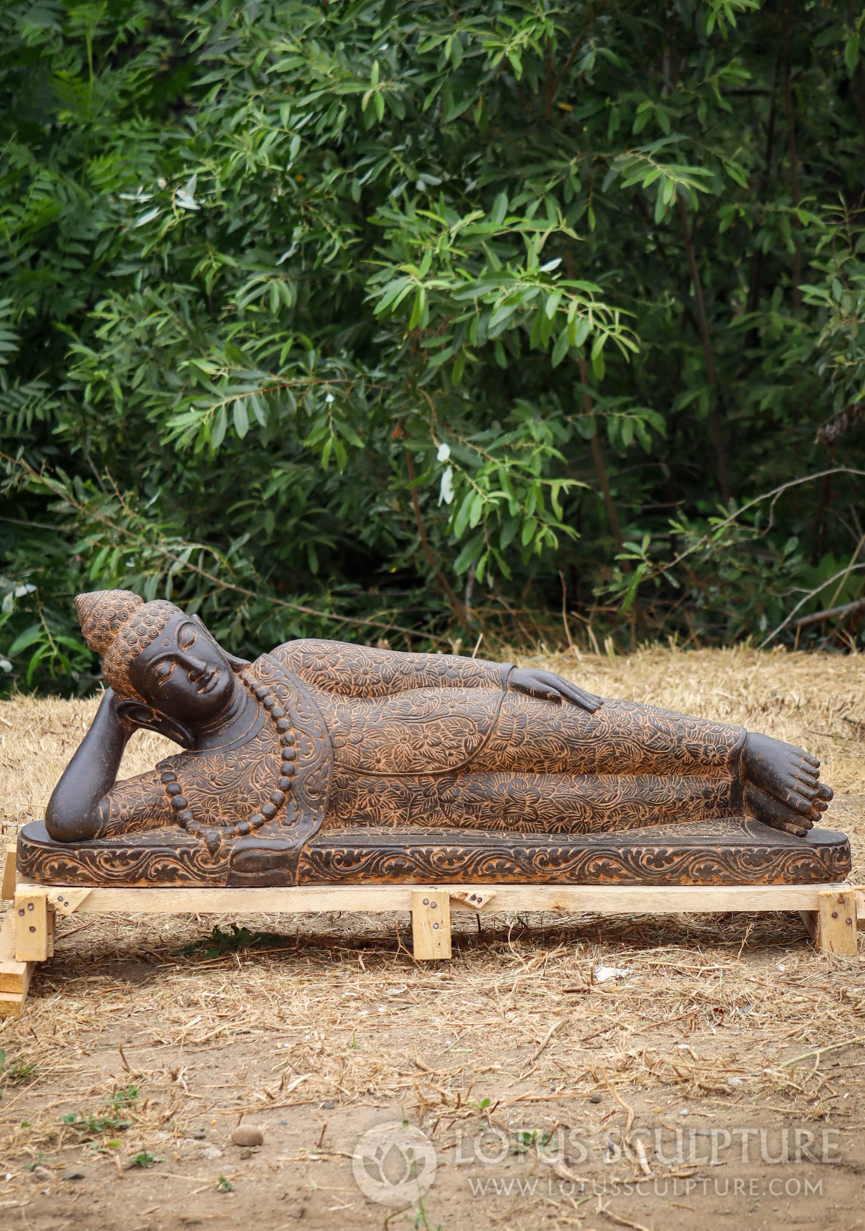 Resting Buddha Garden Sculpture in Calm Repose Saffron Colored Stone Hand Carved 48"