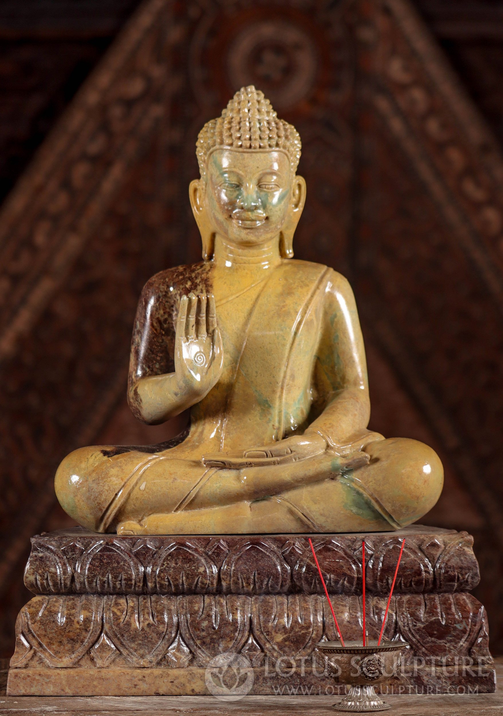 Buddha Sculpture Hand Carved Green Cambodian Marble in Abhaya Mudra on Separate Base 20"