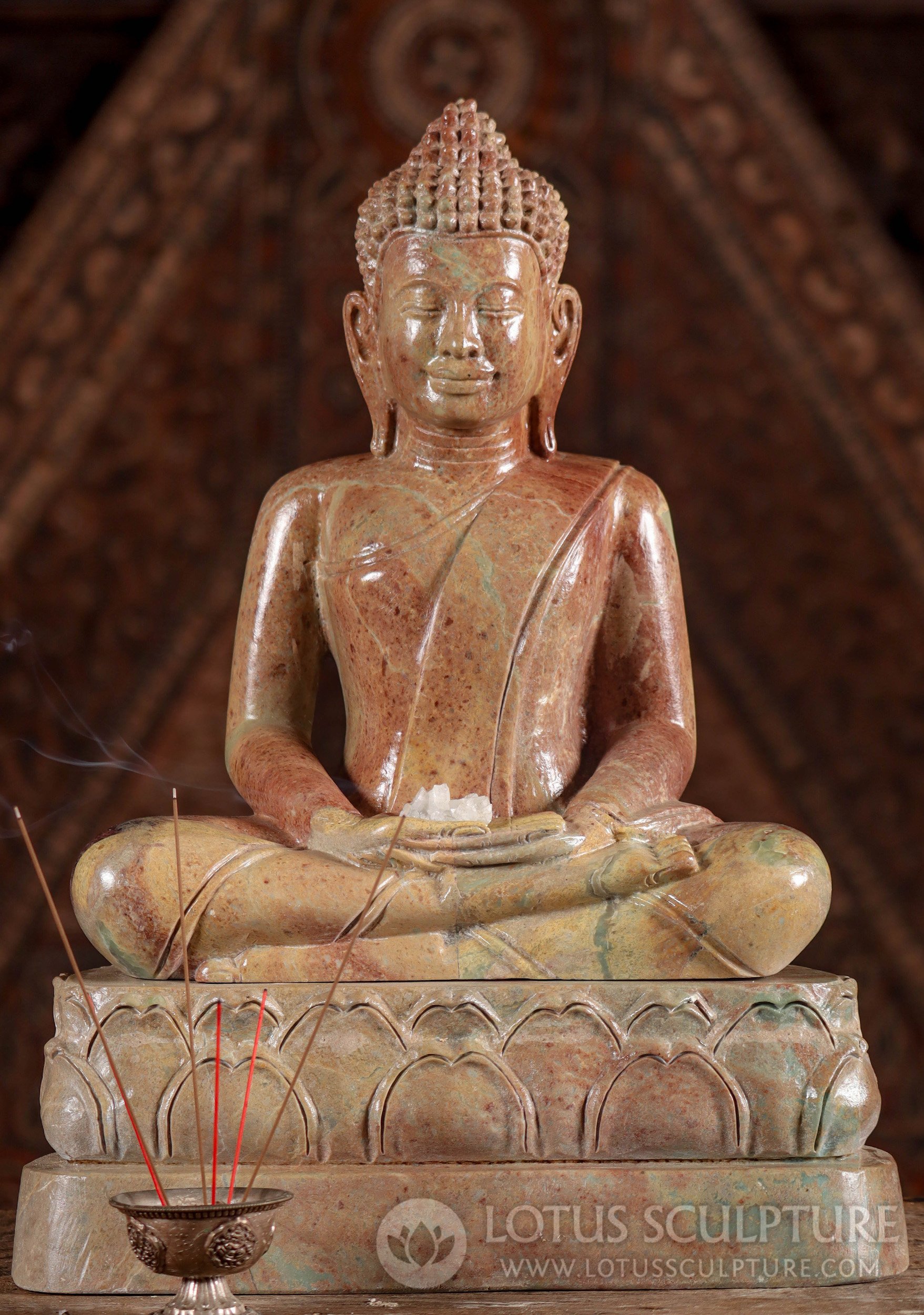 Buddha Statue - Cambodian Colorful Marble in the Meditation Mudra on a Lotus Base 20"