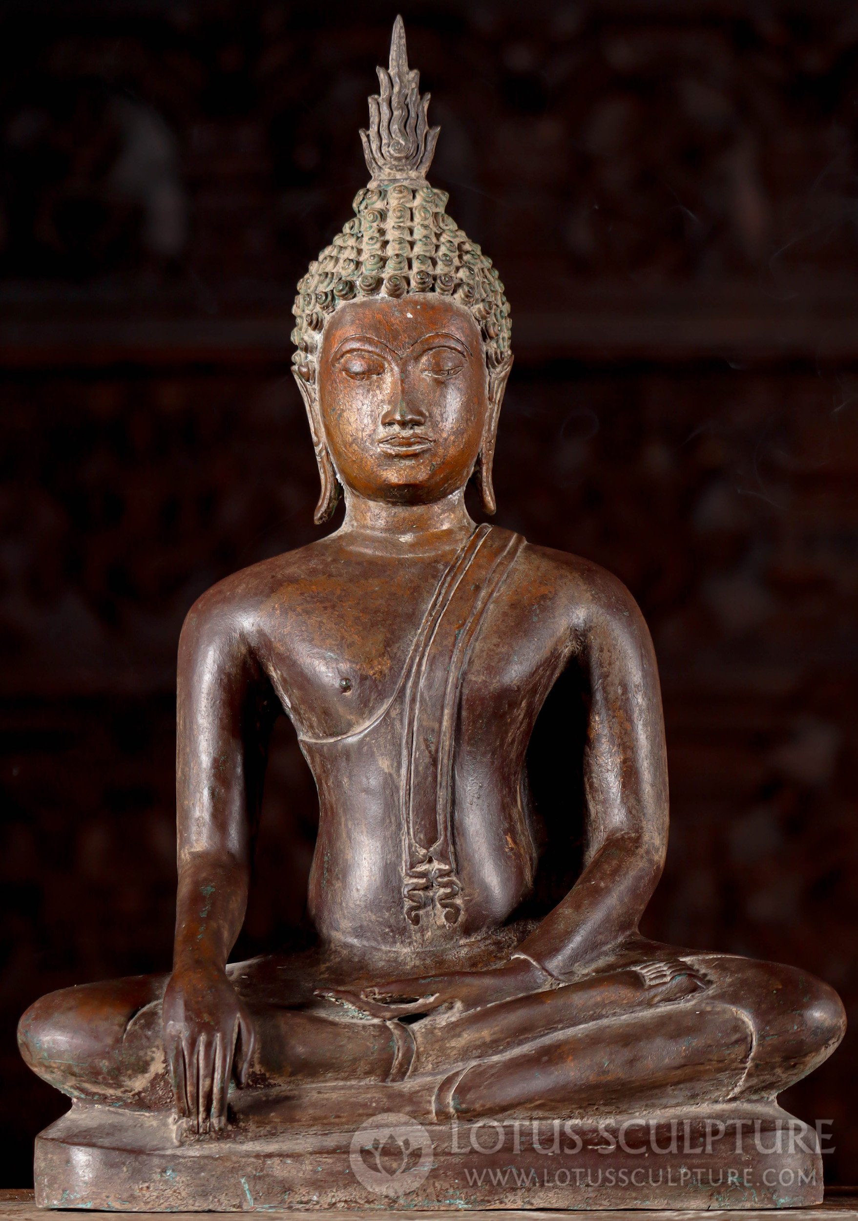 Buddha Statue Thai Brass Sukhothai Style Earth Touching Statue with Antique Patina 20"