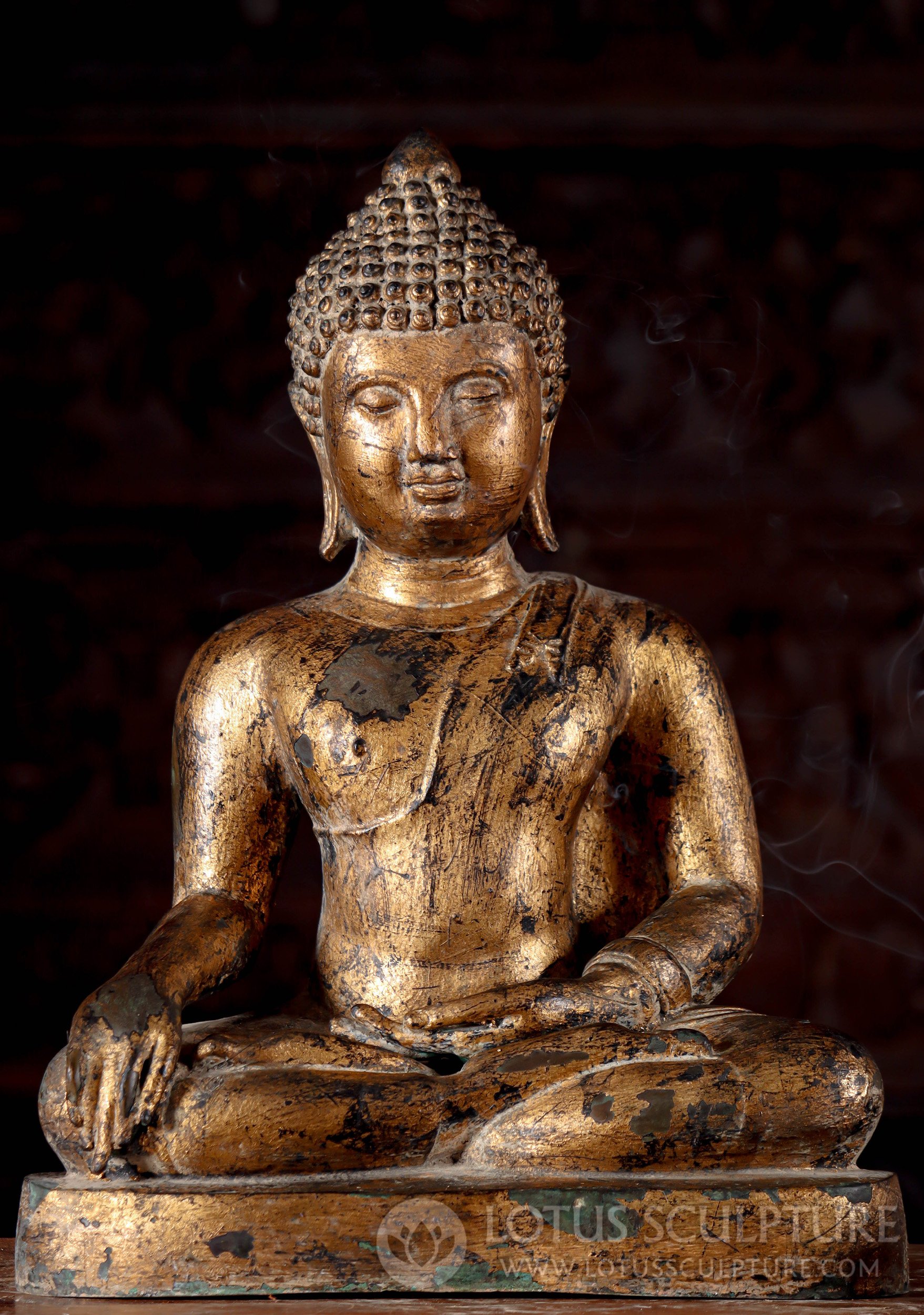 Buddha Sculpture Lanna Style in Antiqued Gold Leaf Brass with Lotus Bud Finial 21"