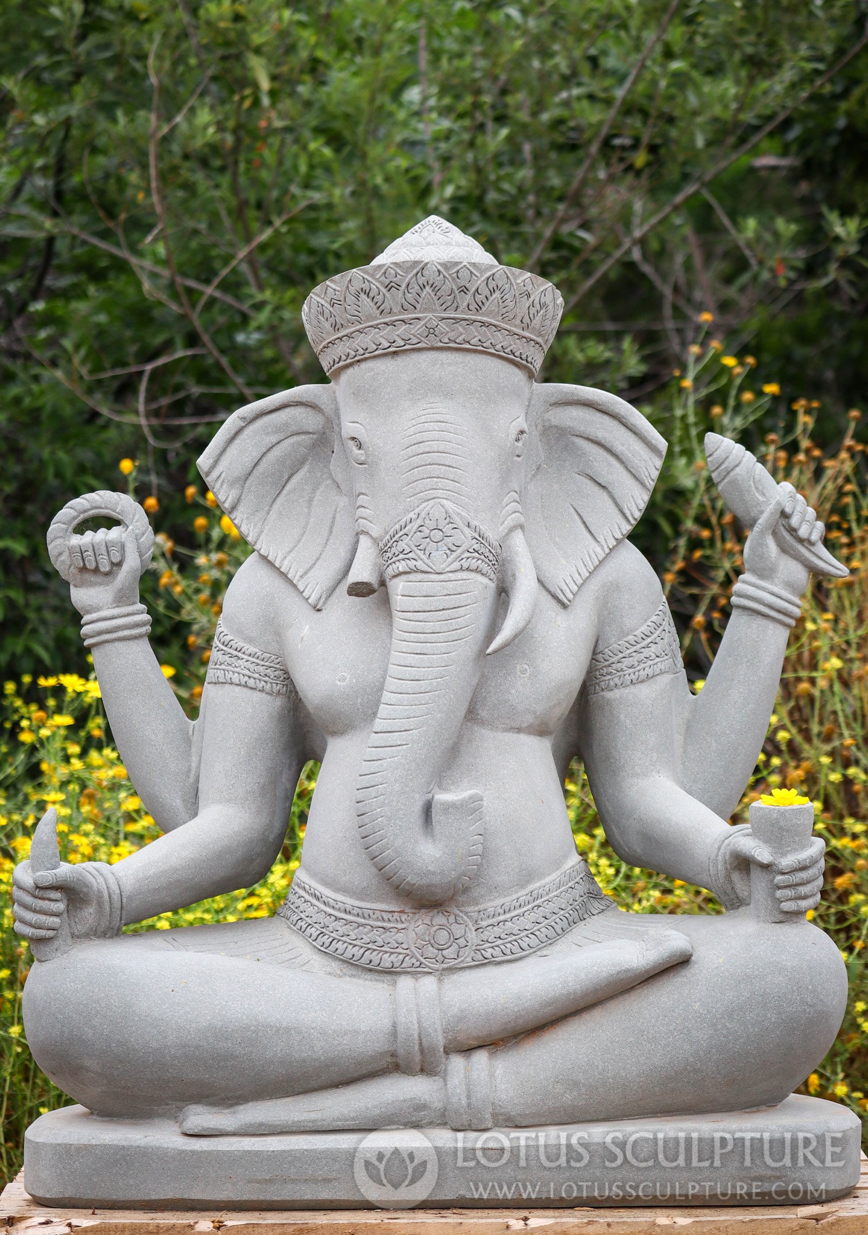 Ganesh Statue - Cambodian Sandstone with Conch, Chakra, Tusk, and Water Vessel 40"