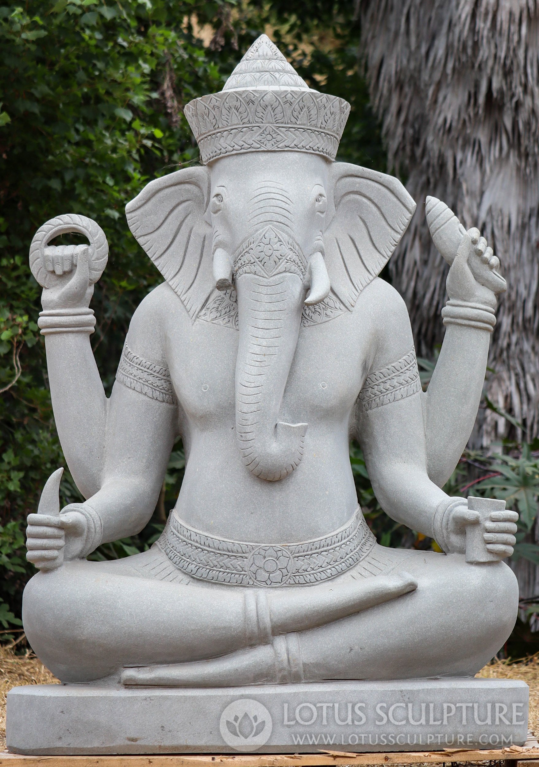 Ganesha Garden Sculpture Hand Carved from Stone in Cambodia with Left Facing Trunk 66"