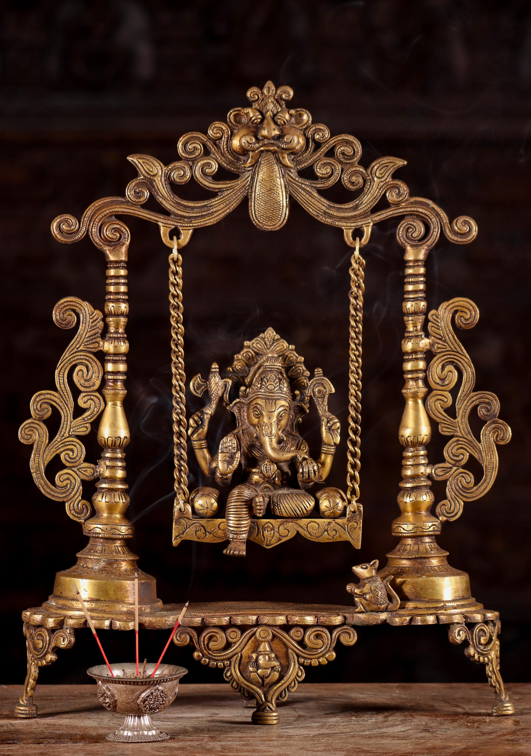 Ganesha Statue on Swing with Elaborate Designs  in Abhaya Mudra with His Vehicle Mooshika 18"