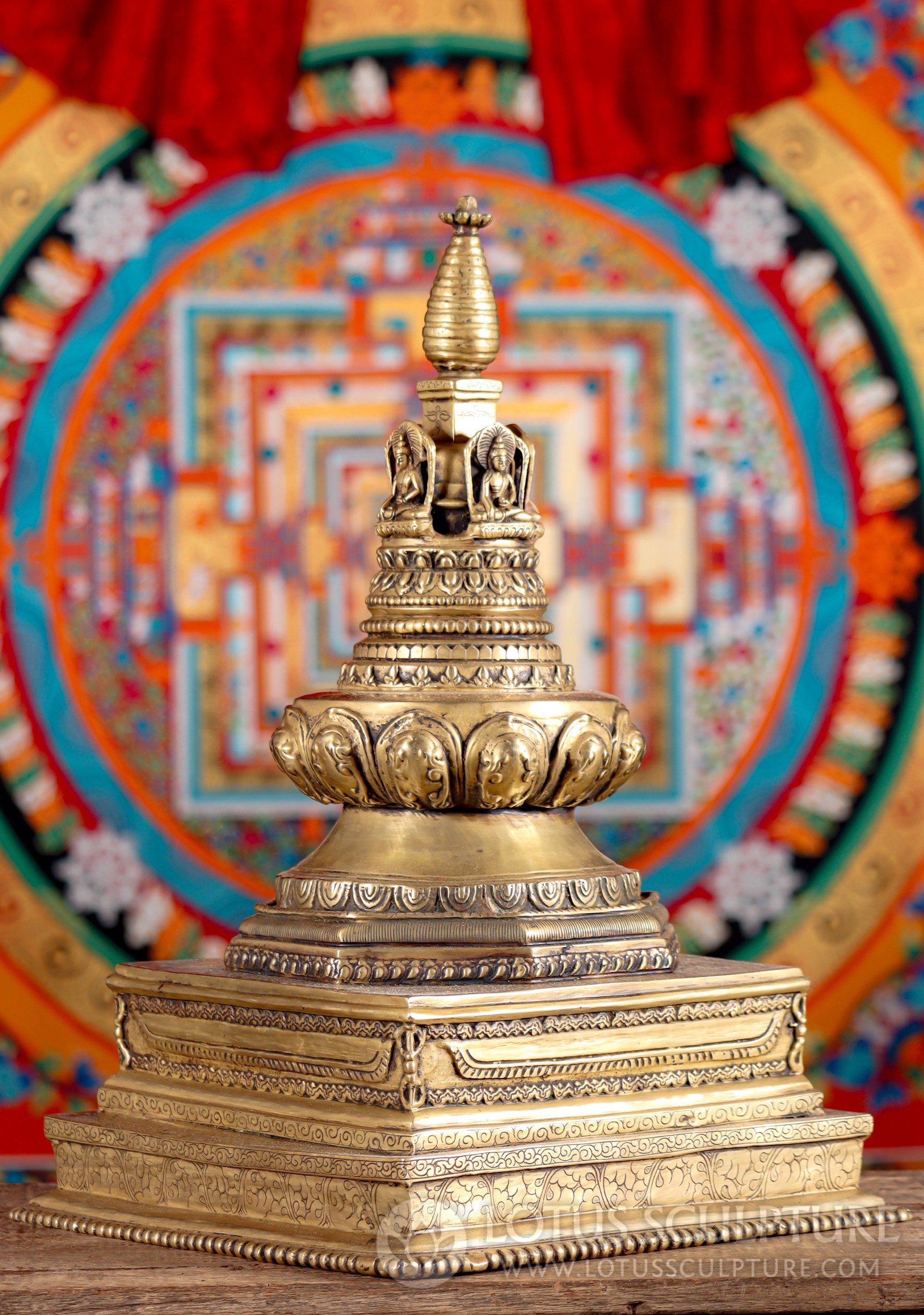 Nepalese Brass Stupa Statue - Earth-Touching Buddhas, Lotus Petals, Cobra Wrap & Dorjes 21"