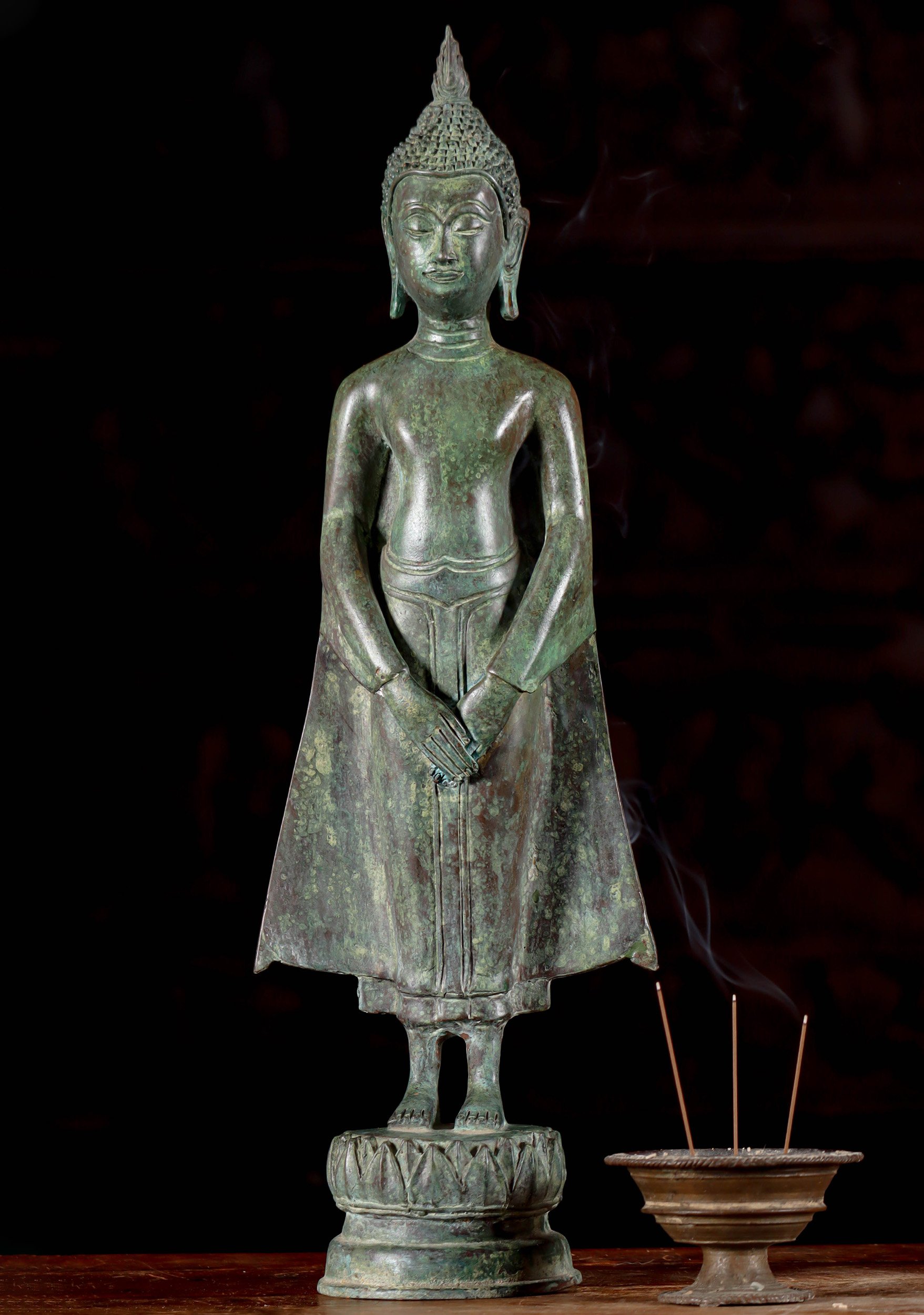 Brass Buddha, Antique Green Minimalistic Design on Lotus Base Northern Thai Uttong Style 21.5"