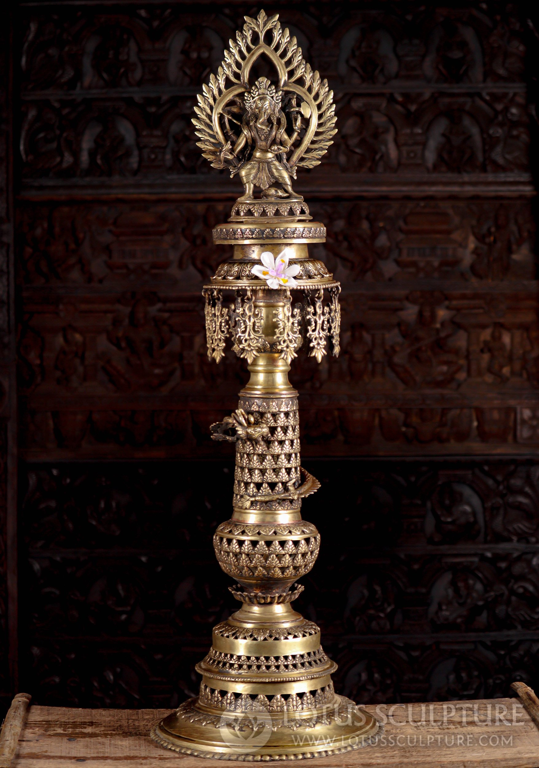 Ganesha and Murugan Large Nepalese Brass Deepam Statues with Climbing Dragon 46"