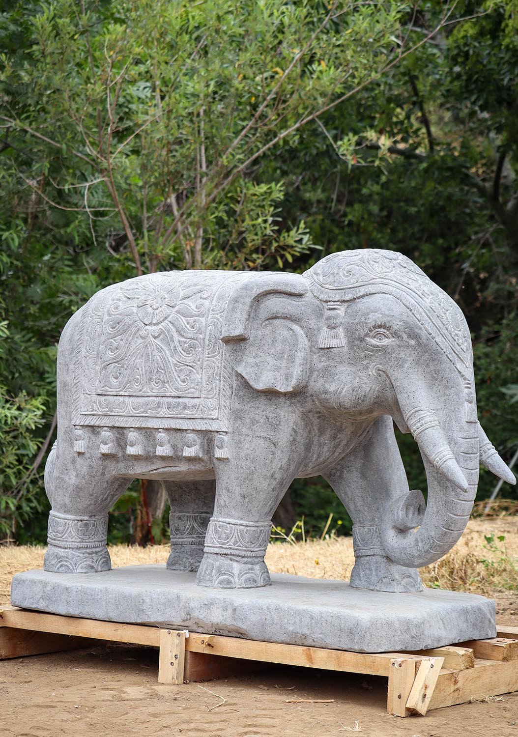 Majestic Volcanic Stone Processional Elephants: A Hand-carved Indonesian Marvel 39"