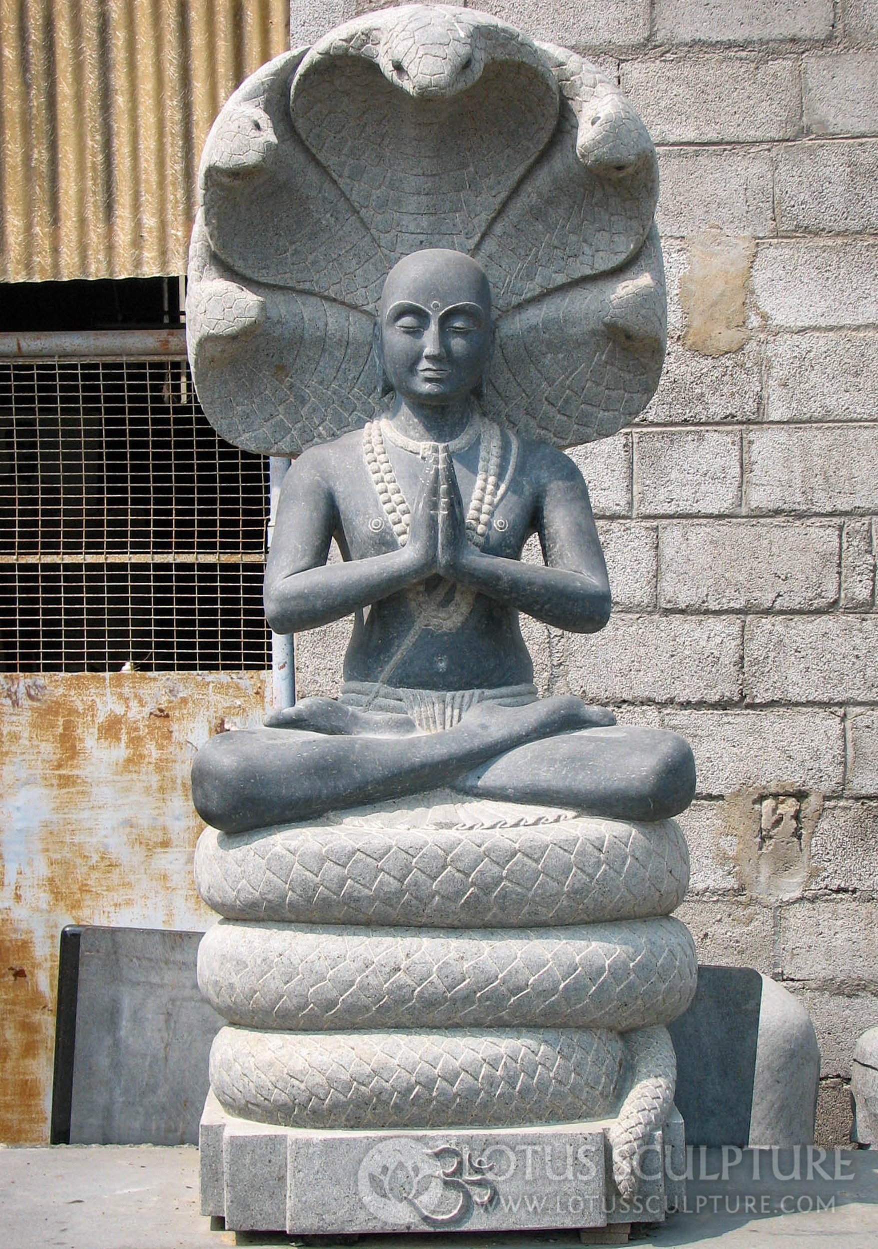 Large Stone Namaste Patanjali Sculpture in Silent contemplation Beneath 5 Headed Serpent 77"