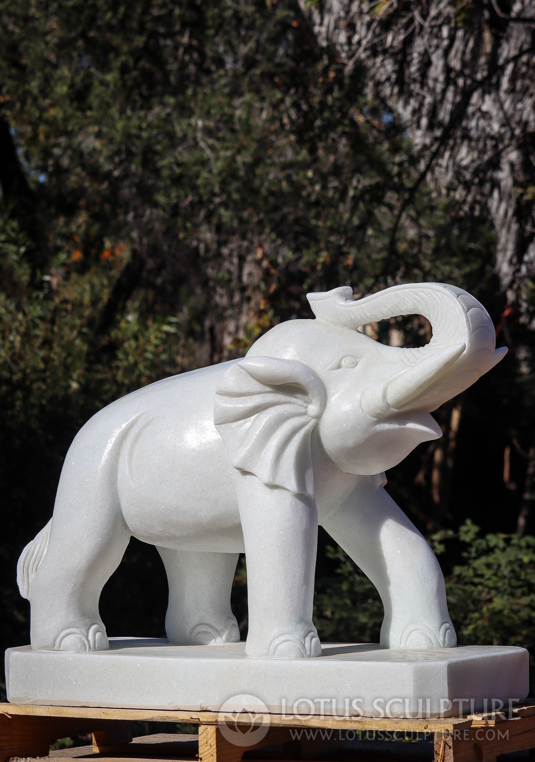 White Marble Elephant Sculptures with Raised Trunks Majestic Garden Decor 36"