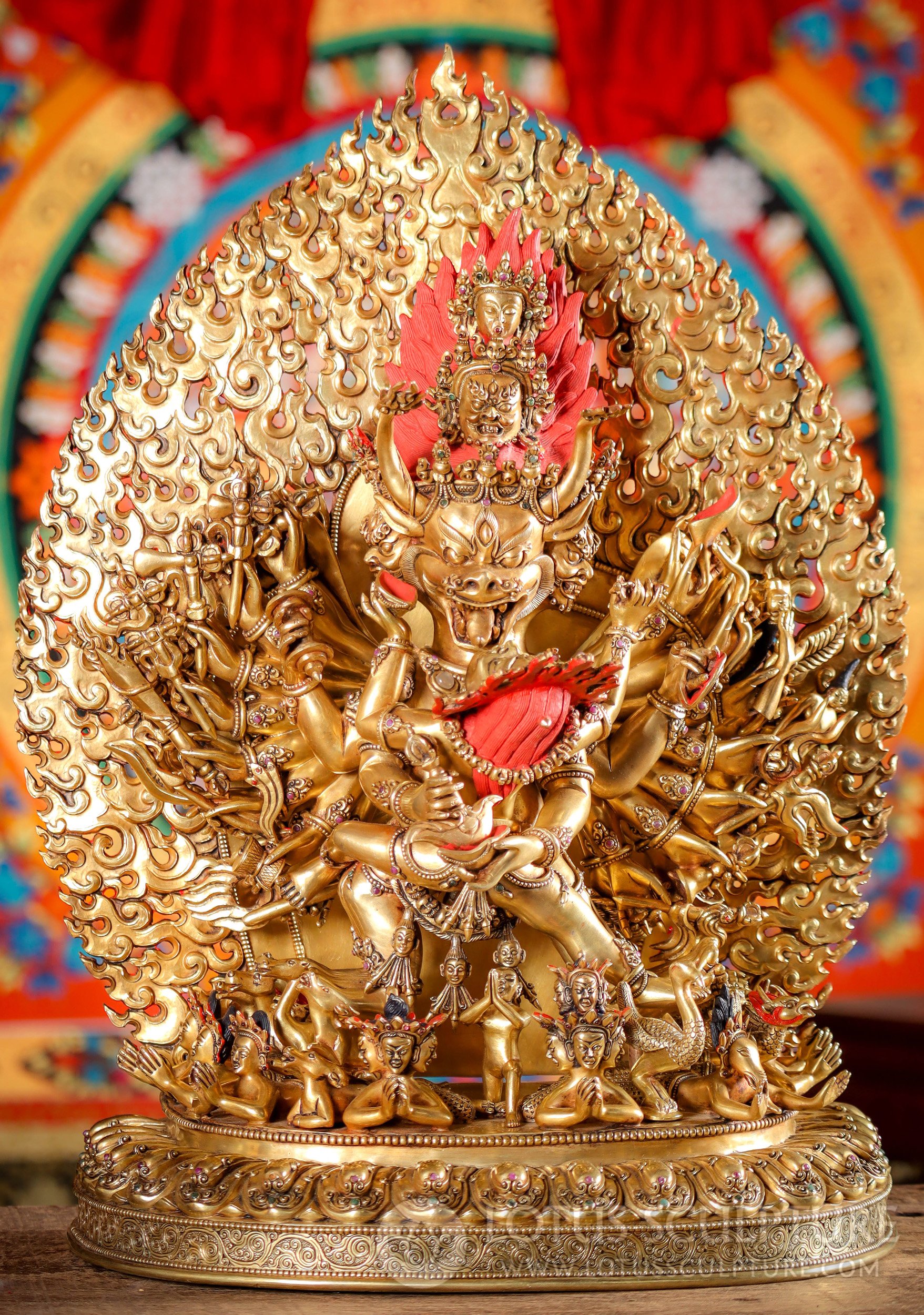 Yamantaka-Vajrabhairava Statue with Consort Vajravetali With Arch of Flames, 24K Gold 21"