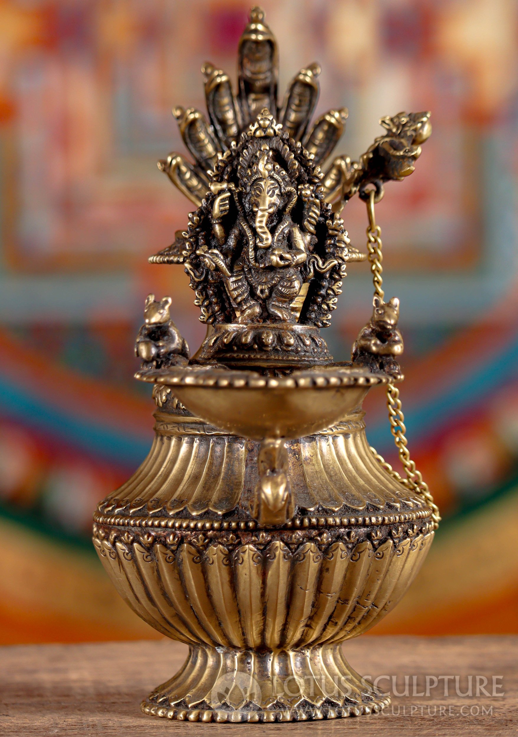 Ganesha Oil Lamp (Diya/Deepam) - Nepalese Brass with Vishnu, Garuda, and Mooshika 9"