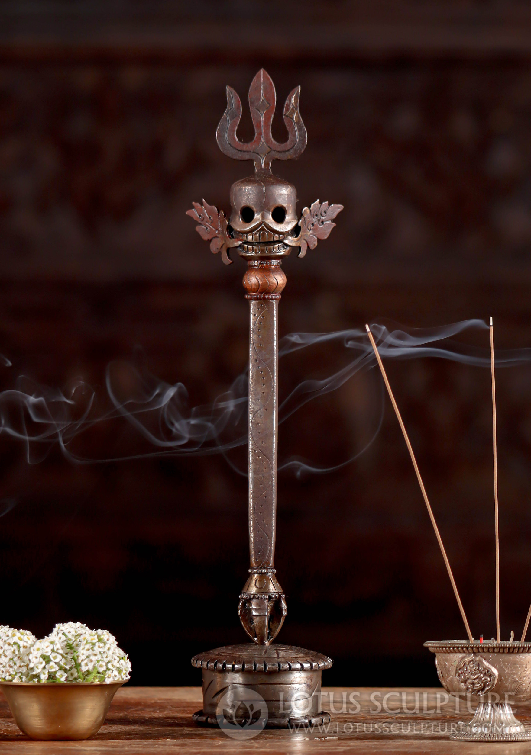 Padmasambhava's Trident (Khatvanga) - Nepalese Iron Statue with Skull and Flames 13.5"