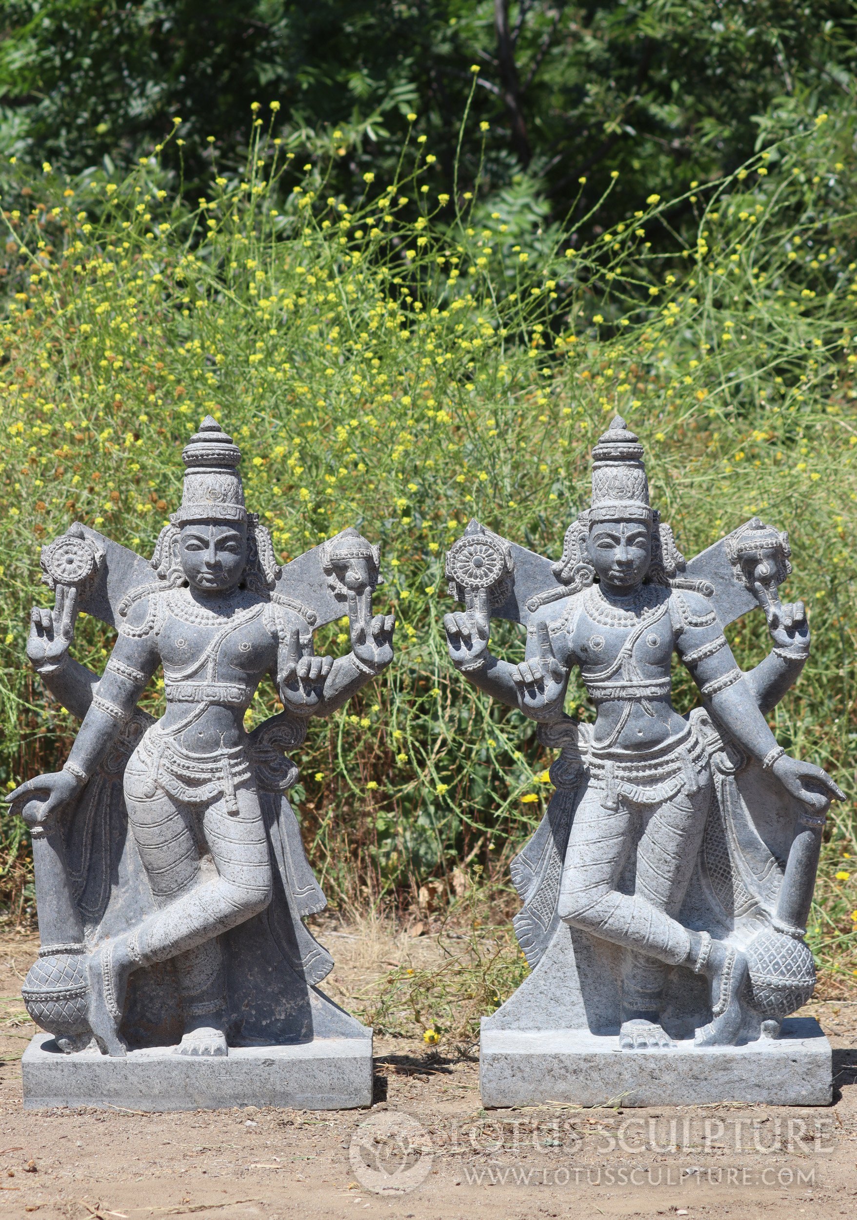 Dvarapala Sculptures with Clubs and Conches Pair of Black Granite Guardians of the Divine 37"