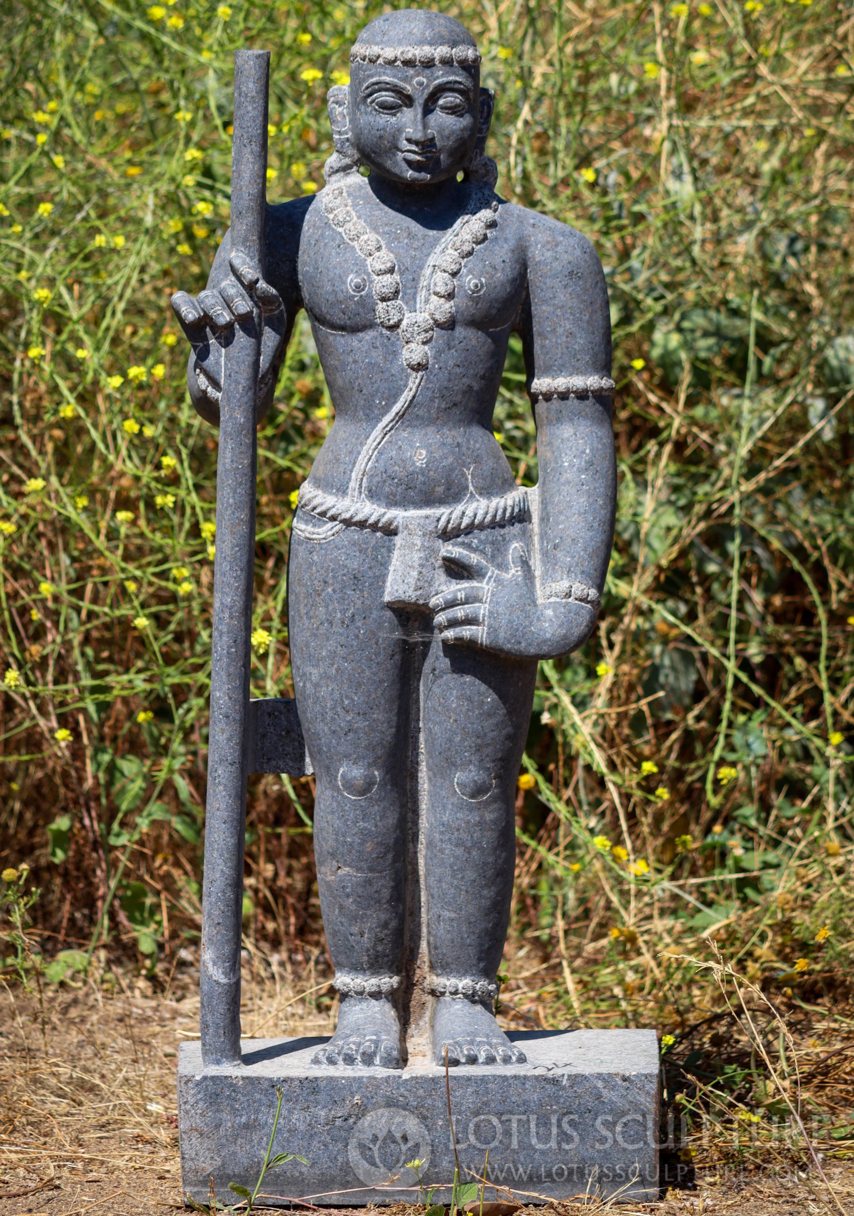 Palani Andavar Bala Murugan Statue, Black Granite with Staff & Shaven Head 37"