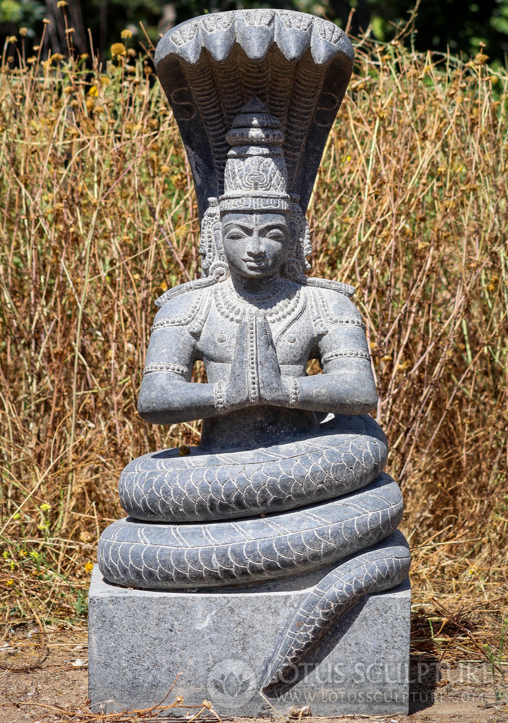 Patanjali Black Granite Garden Sculpture in Namaste Wrapped in Five Headed Cobra 39"