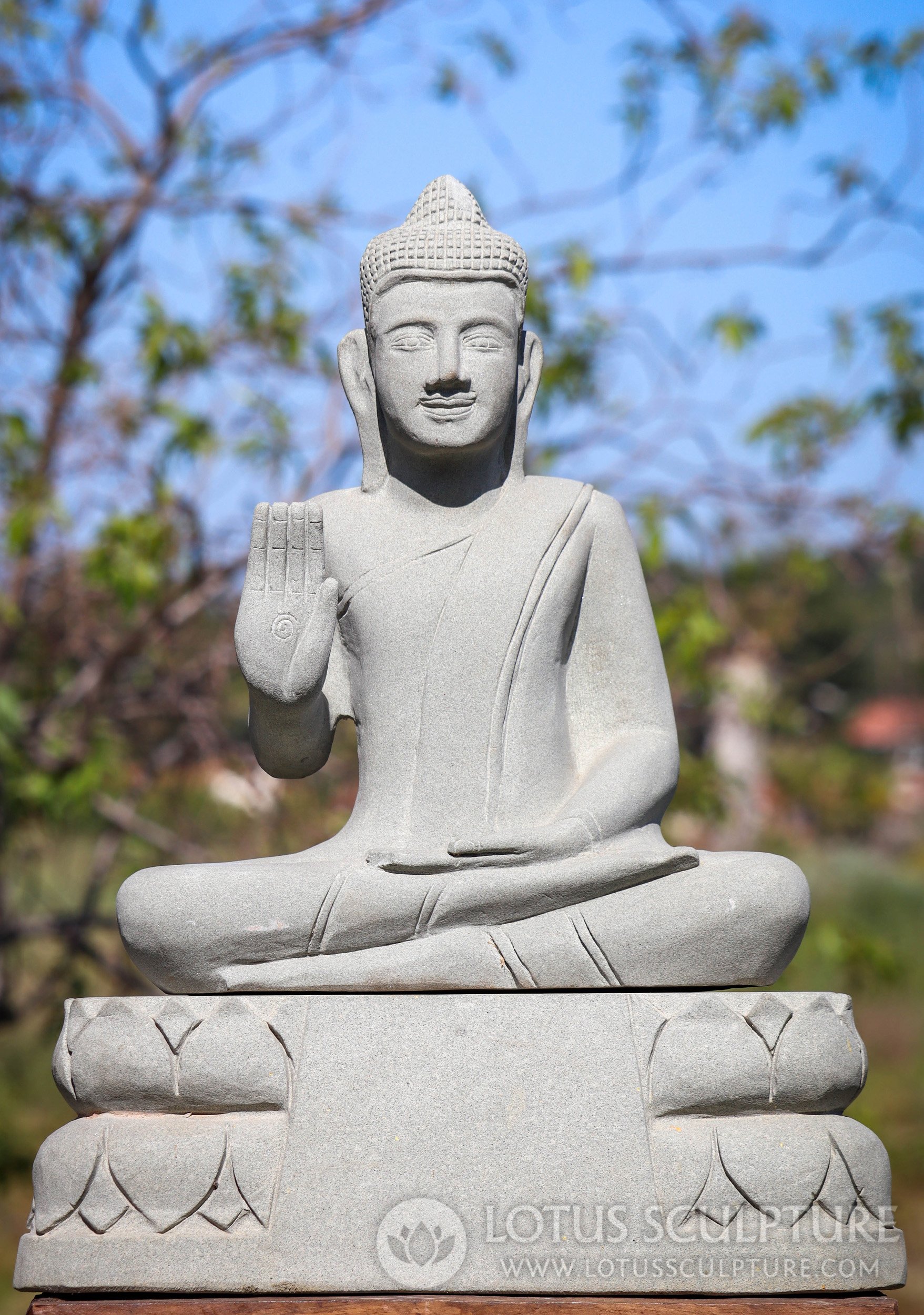 Buddha Sculpture in Abhaya Mudra of Protection - Hand Carved Cambodian Sandstone 23"