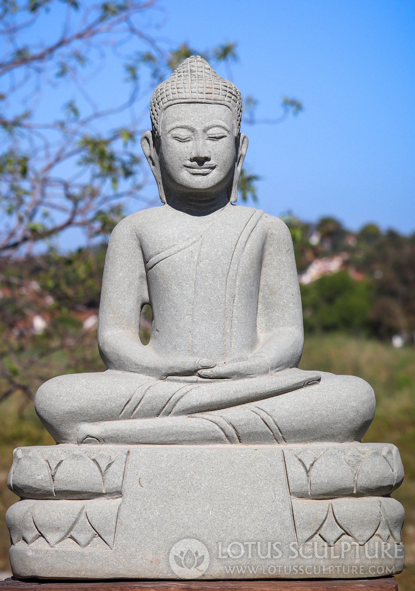 Buddha Sculpture Meditating Cambodian Sandstone on Two-Tiered Lotus Base 23"