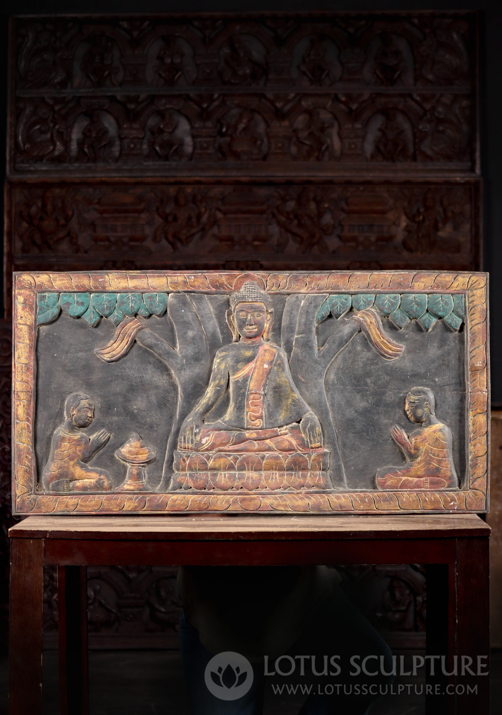 Buddha with Disciples Sculpture Rustic Cambodian Wood Wall Panel 39"