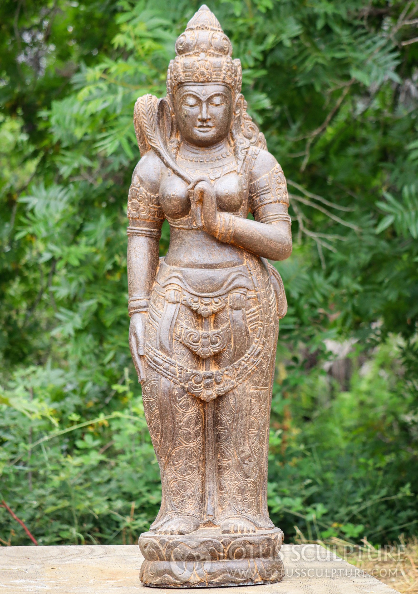 Stone Devi Tara Sculpture in Vitarka Teaching Mudra with Fly Whisk Over Her Shoulder 58"