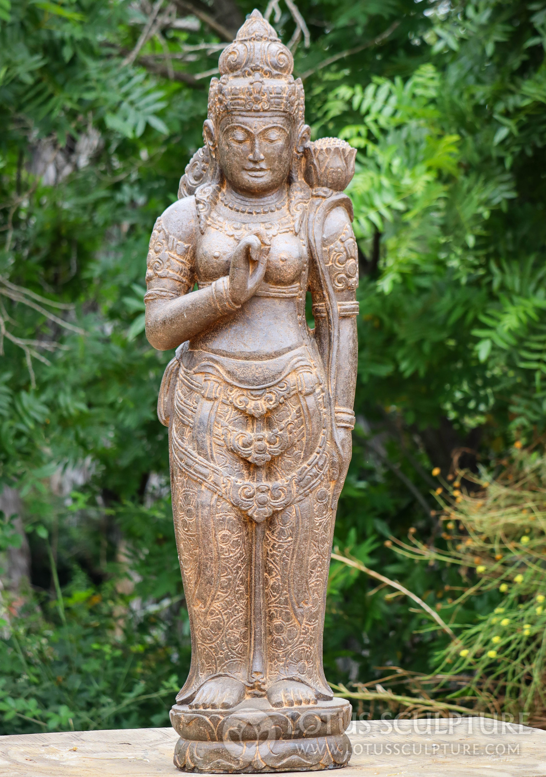 Stone Devi Tara Sculpture in Vitarka Teaching Mudra with Blooming Lotus Flower 58"