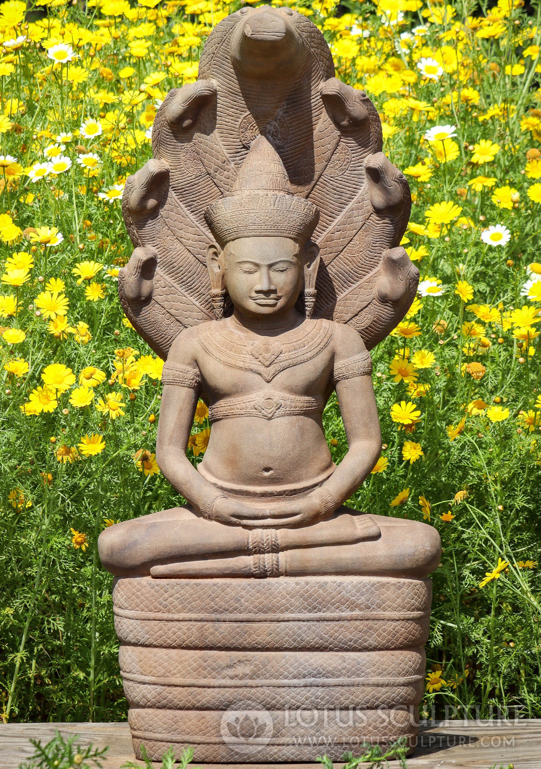 Buddha Statue Meditating Beneath Muchalina Sandstone Hand Carved in Cambodia 48"