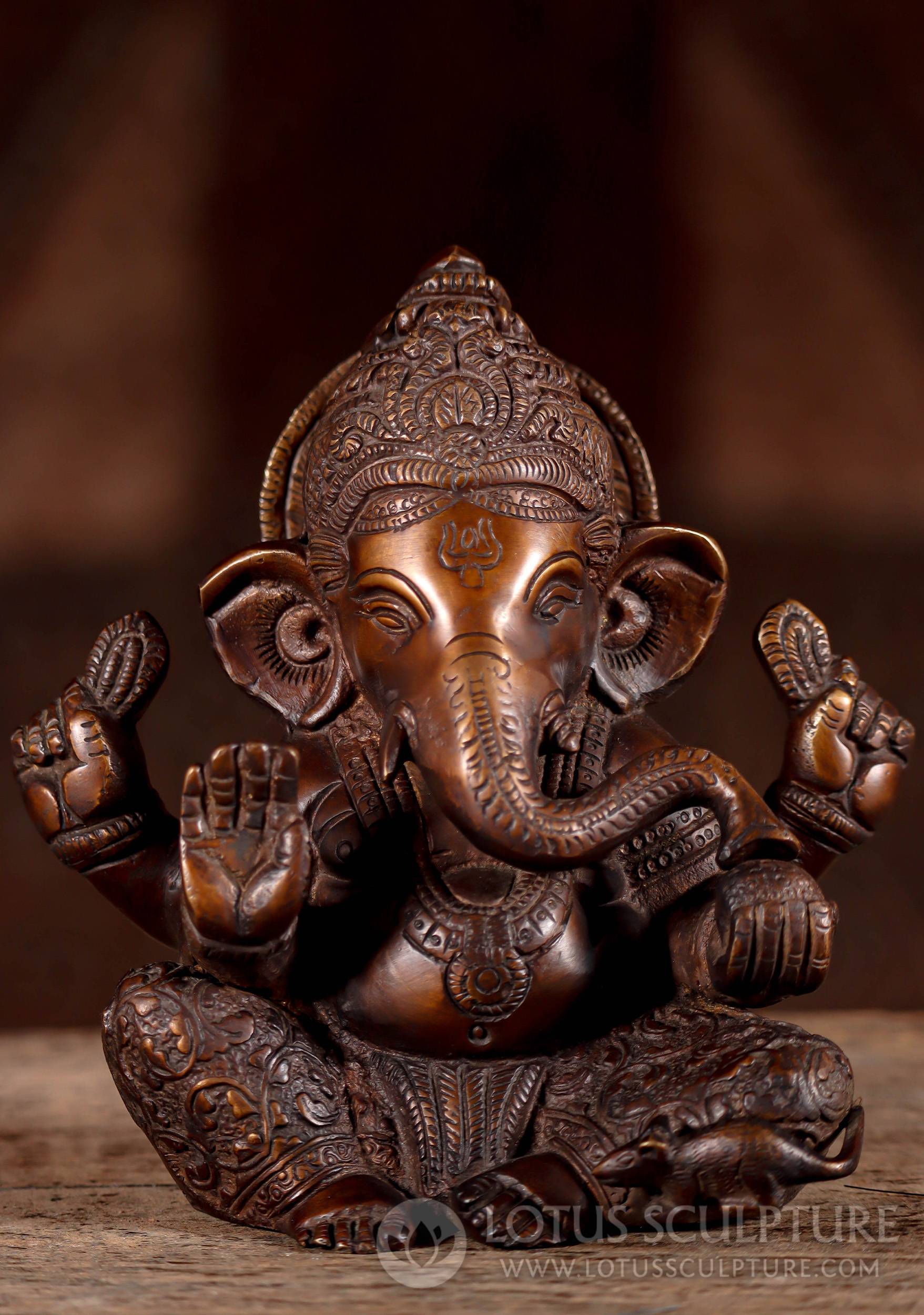 Ganesha Small Brass Statue with Right Hand Raised in Abhaya Mudra with Mooshika the Rat 7"