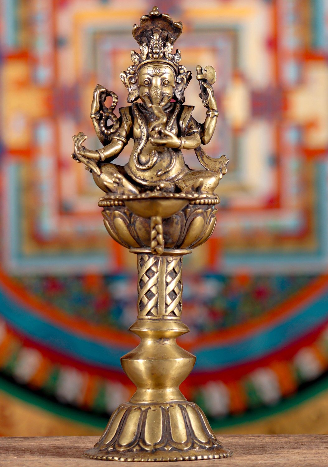 Ganesh Oil Lamp (Panas/Diya) - Nepalese Brass Traditional Deepam with Lotus Base 11"