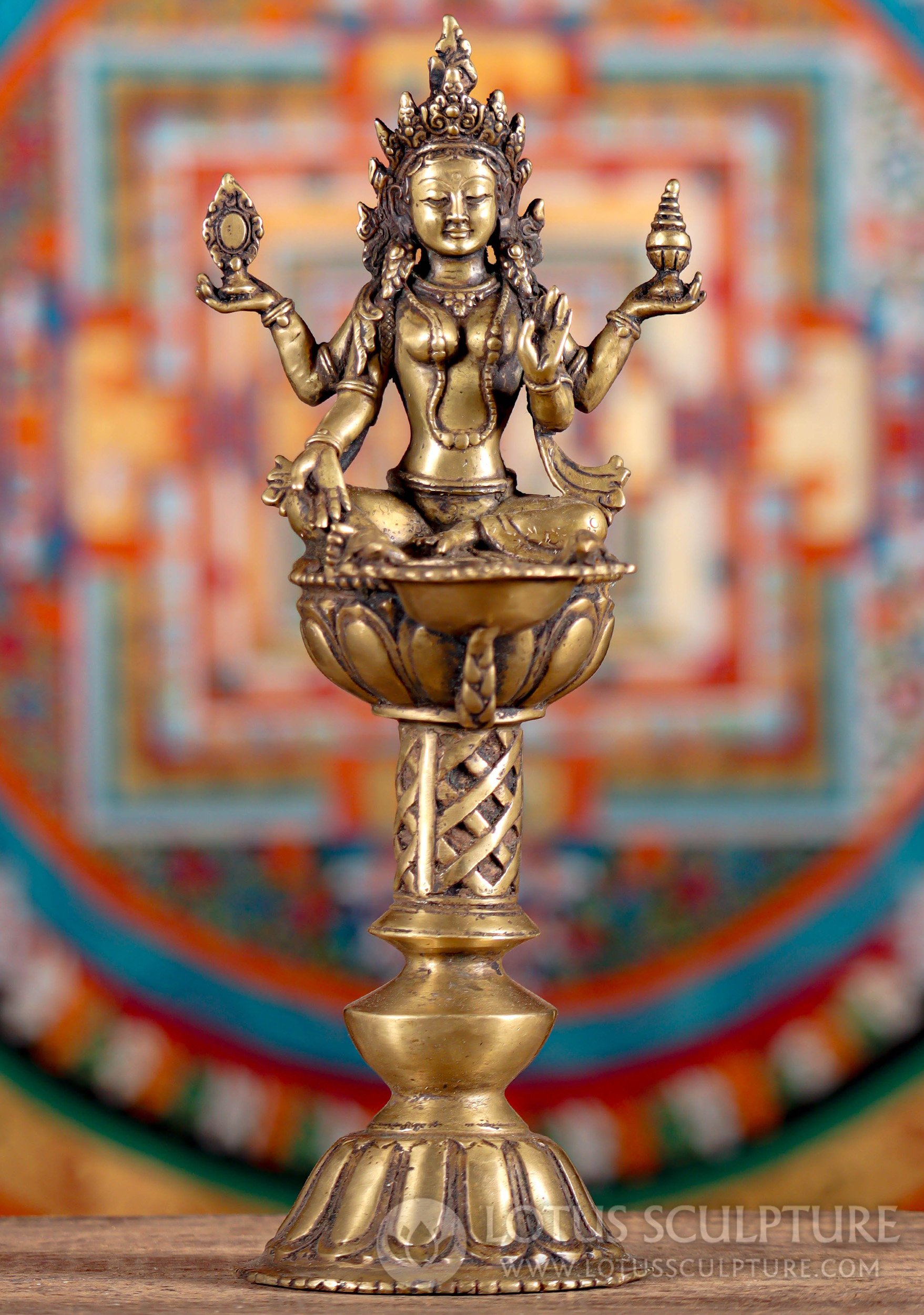 Lakshmi Oil Lamp (Panas/Diya) - Nepalese Brass Traditional Deepam with Lotus Base 11"