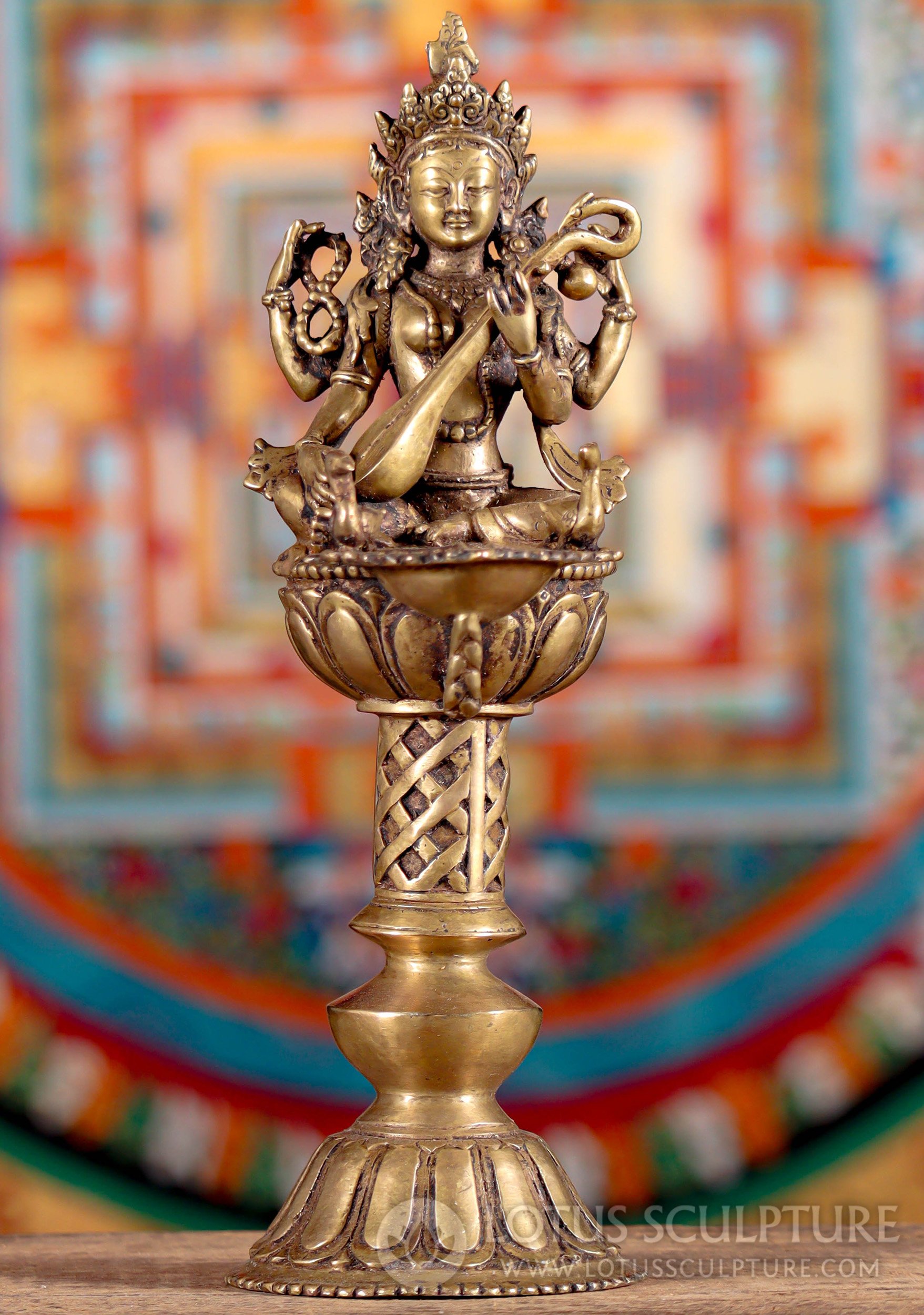 Saraswati Oil Lamp (Panas/Diya) - Nepalese Brass Traditional Deepam with Lotus Base 11"