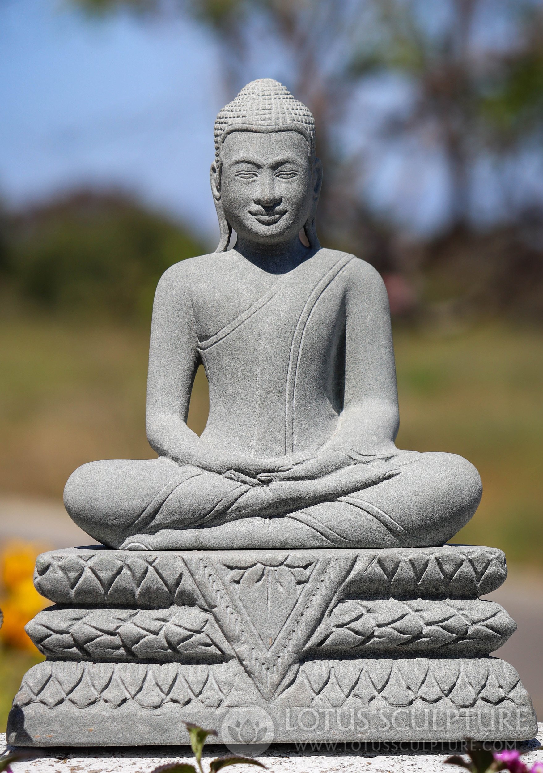 Buddha Sculpture in Dhyana Mudra Compact Cambodian Sandstone on Three-Tiered Base 9.5"