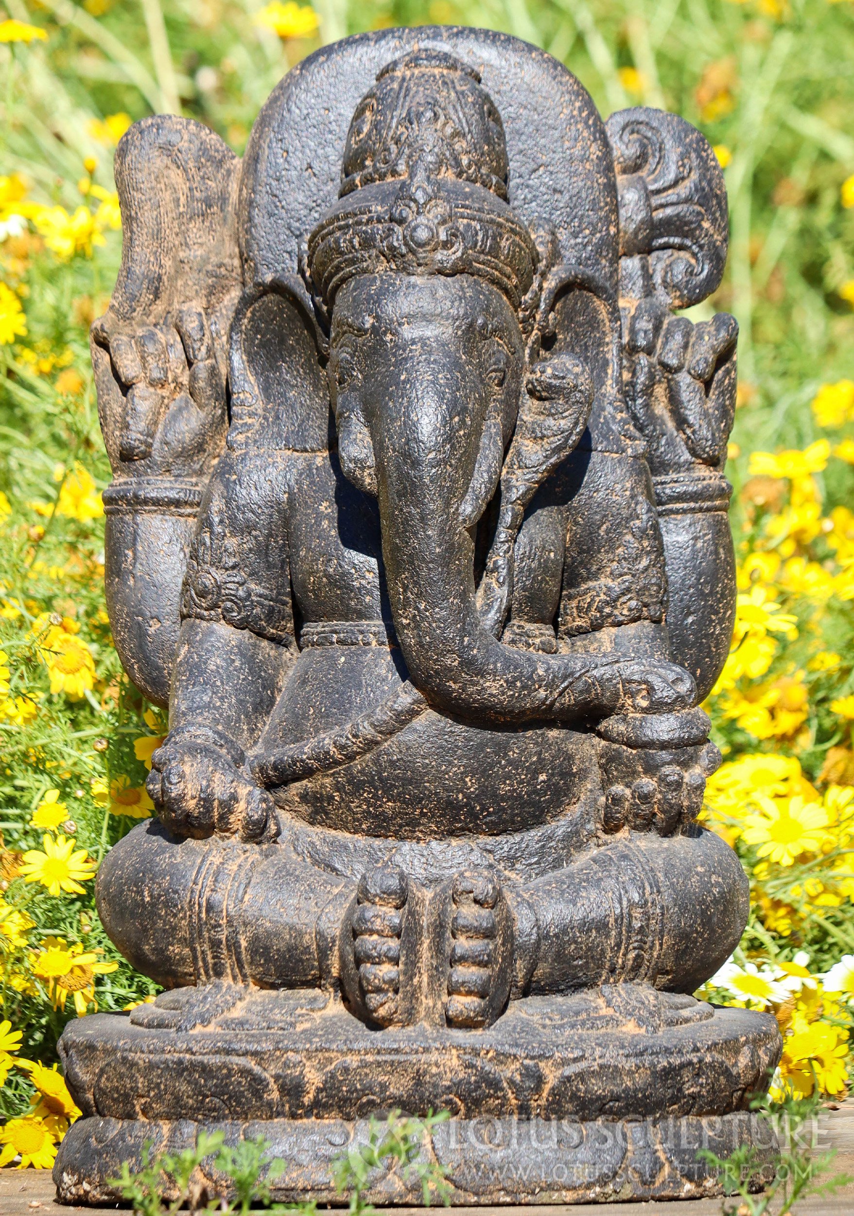 Ganesha Garden Statue Saffron-Colored Lava Stone with Mahakala Detail 26"