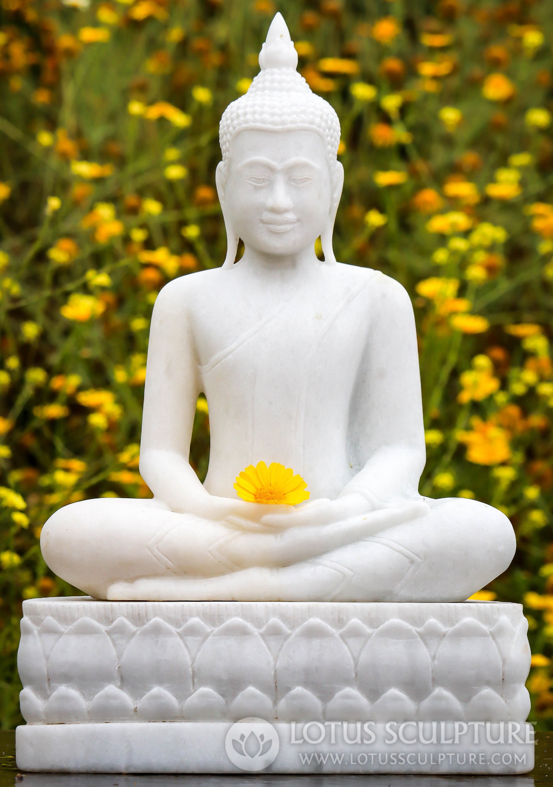 Buddha Statue in Meditative Mudra on Half Circle Lotus Base Hand Carved White Marble 20"