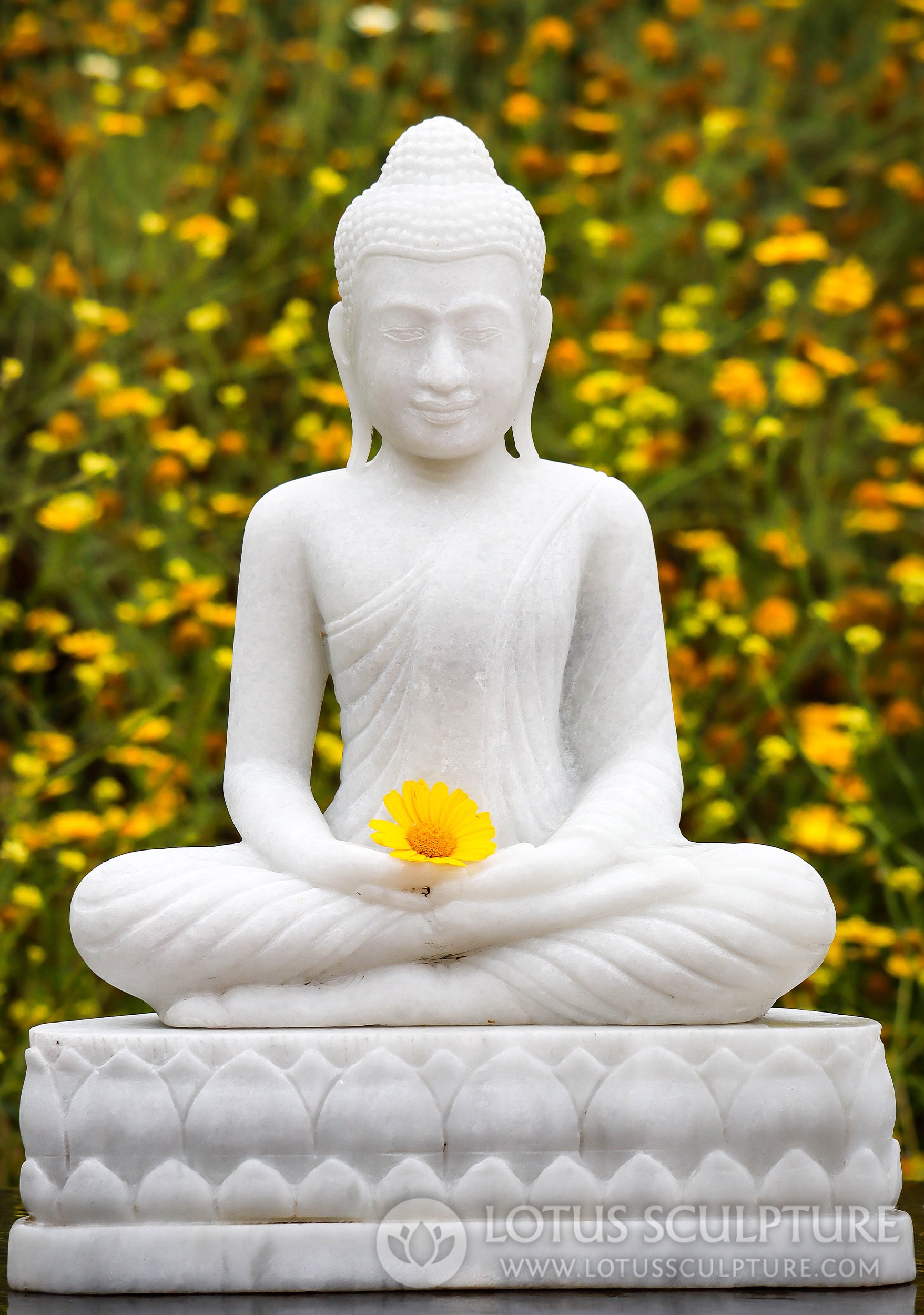 Buddha Statue Meditating on Lotus Base - White Marble Garden Statue Perfect For All Weather 18.5"