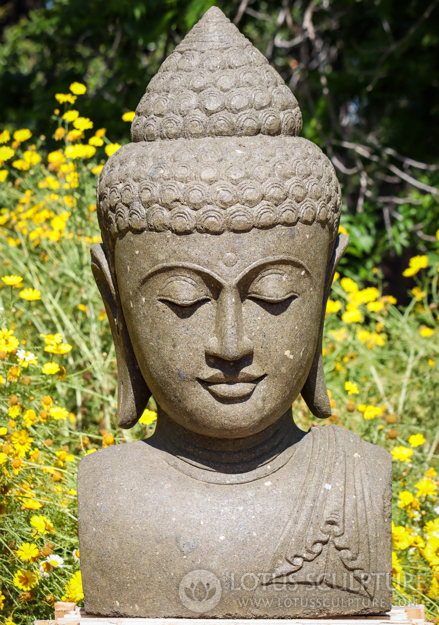 Buddha Bust Garden Sculpture Hand Carved Green Lava Stone from Indonesia 42"