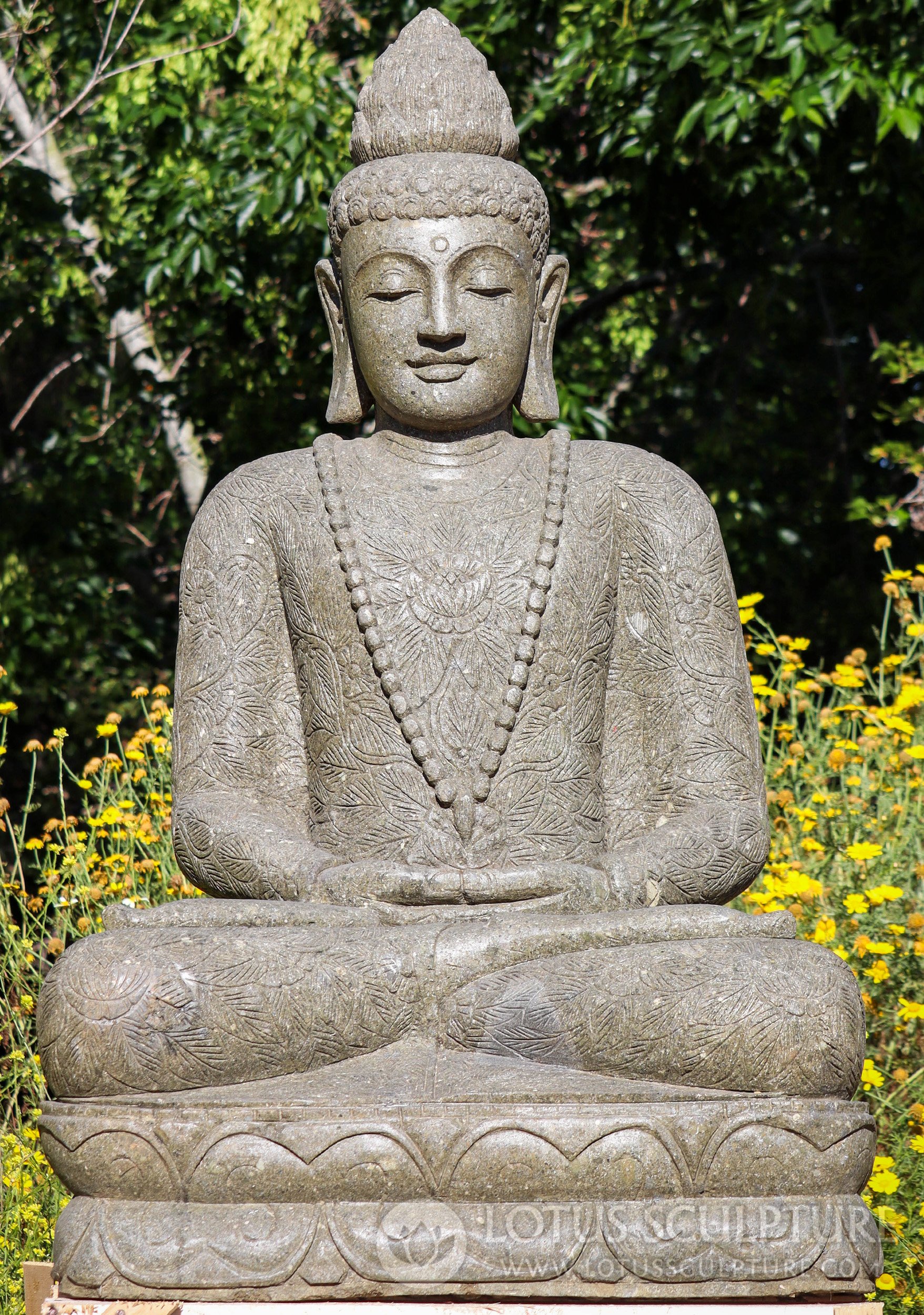 Large Garden Buddha Statue Meditating with Mala & Floral Robes Hand Carved Stone 60"