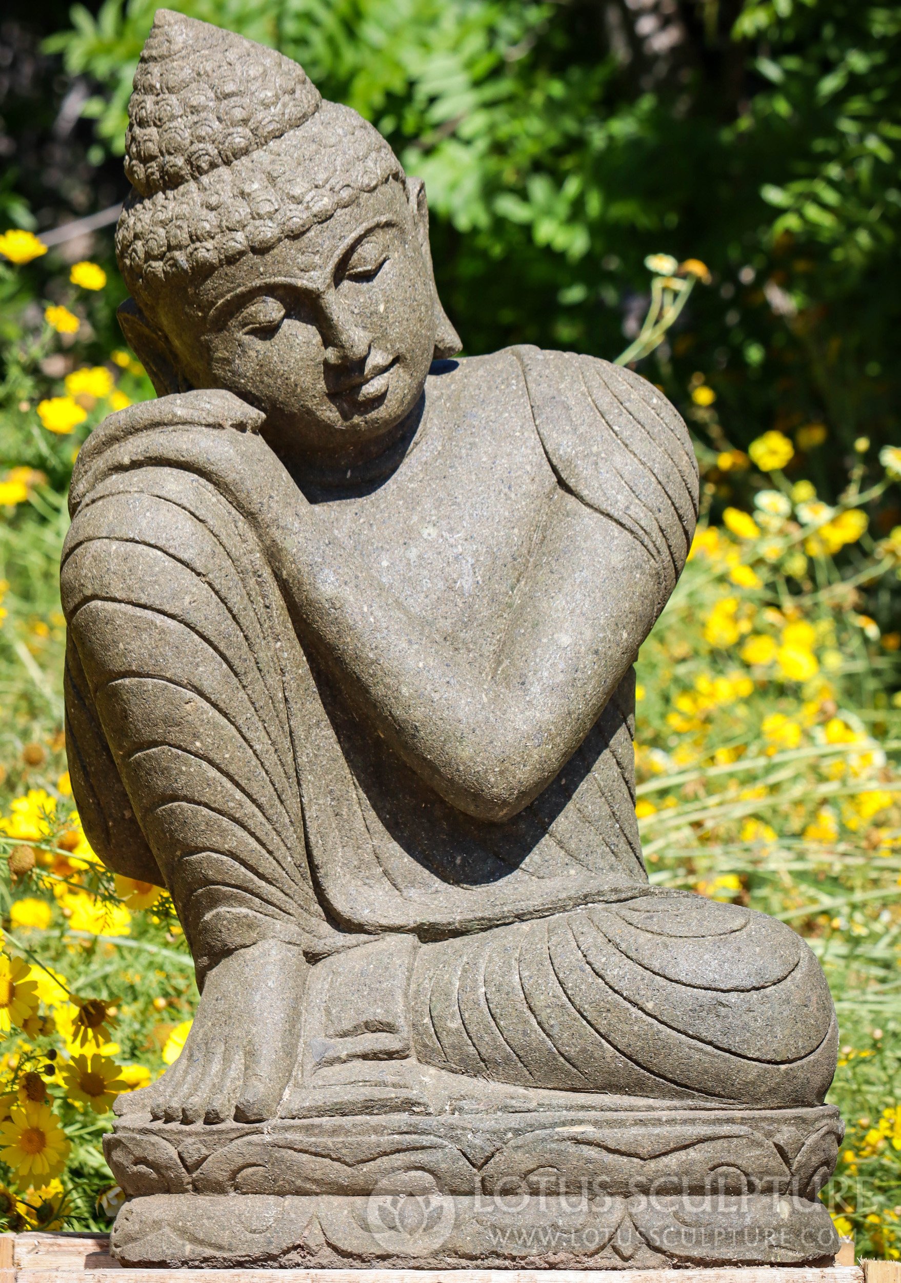 Buddha Sculpture Peaceful Resting Lava Stone Garden Statue of the Dreaming Buddha 34"