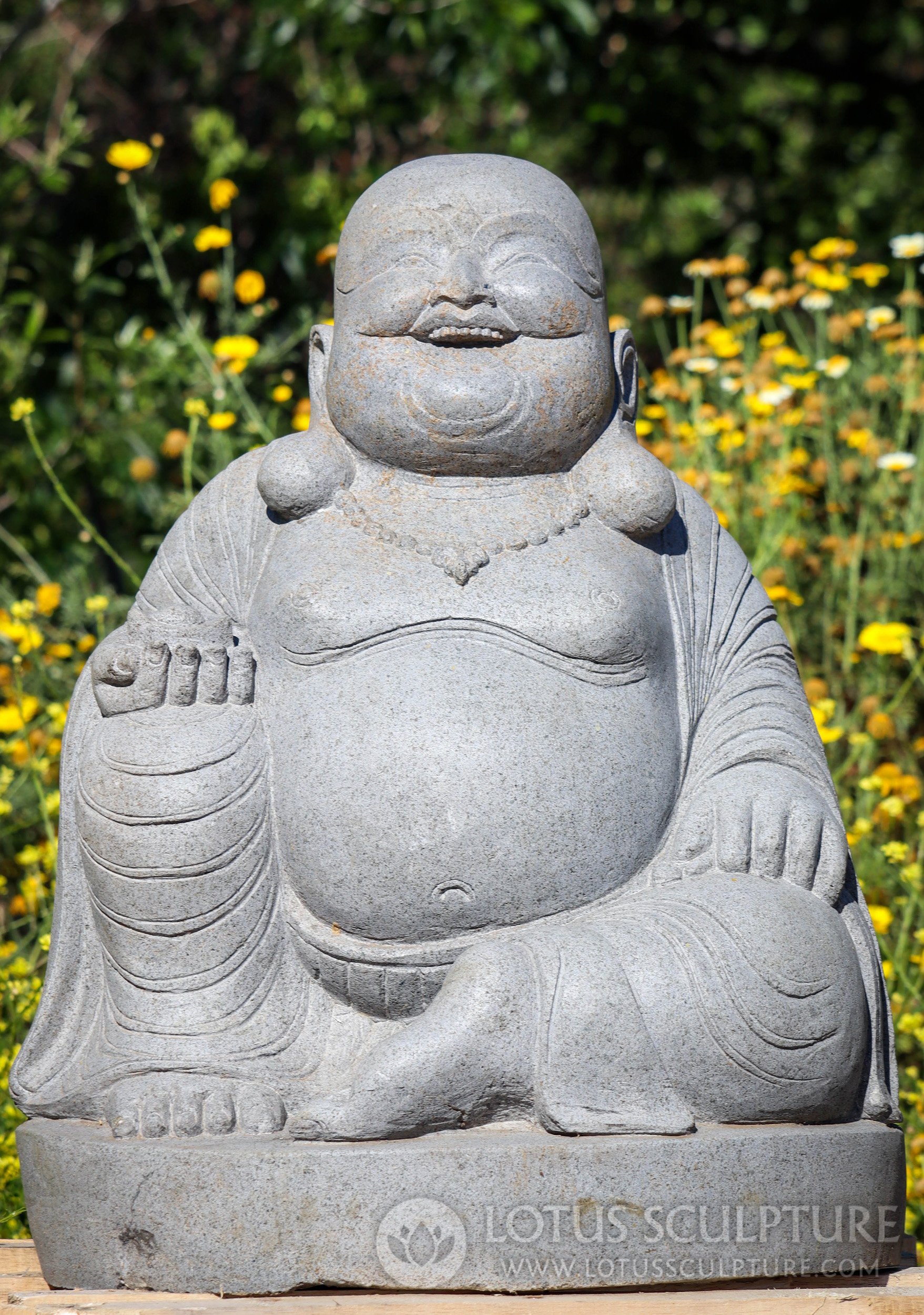 Happy Buddha Sculpture Natural Hand Carved Lava Stone Buddha of Wealth 28"