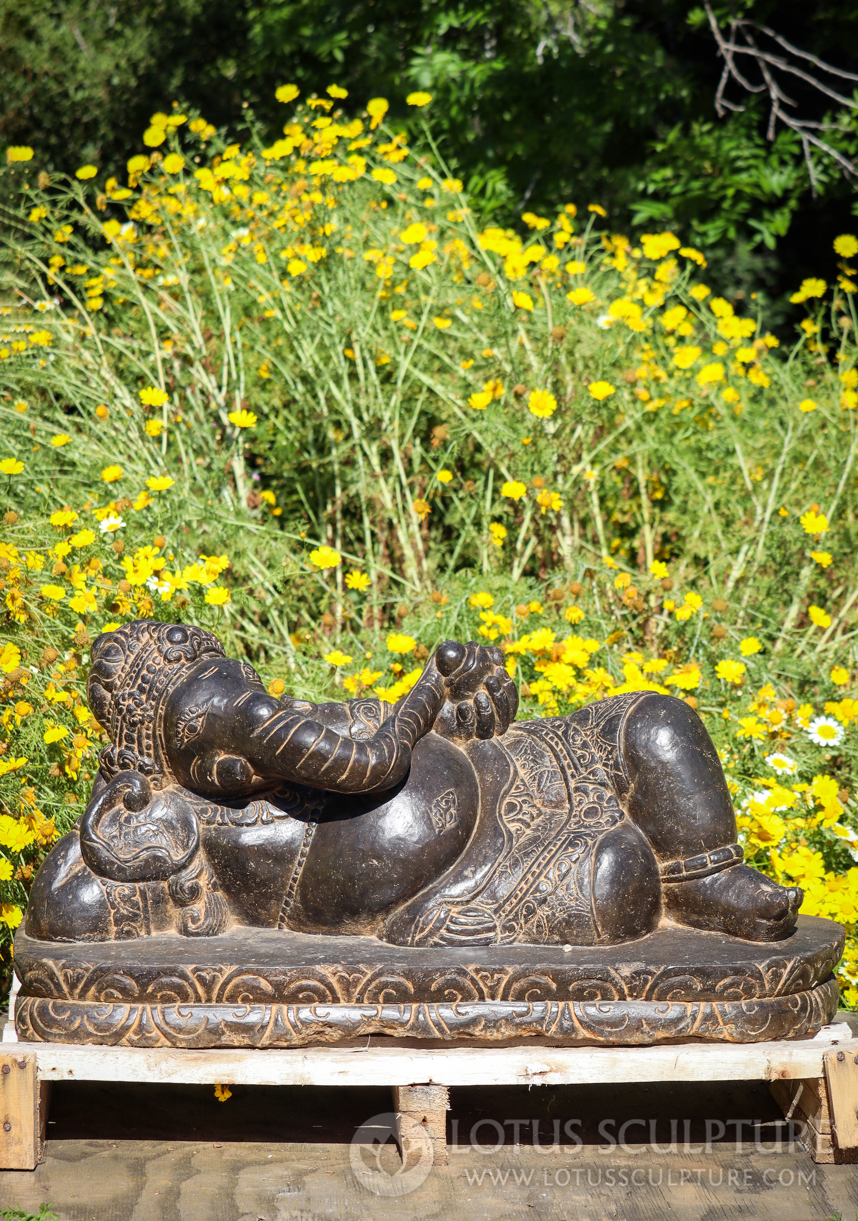 Ganesh Garden Sculpture Saffron Colored Lava Stone Reclining Hindu God 42"